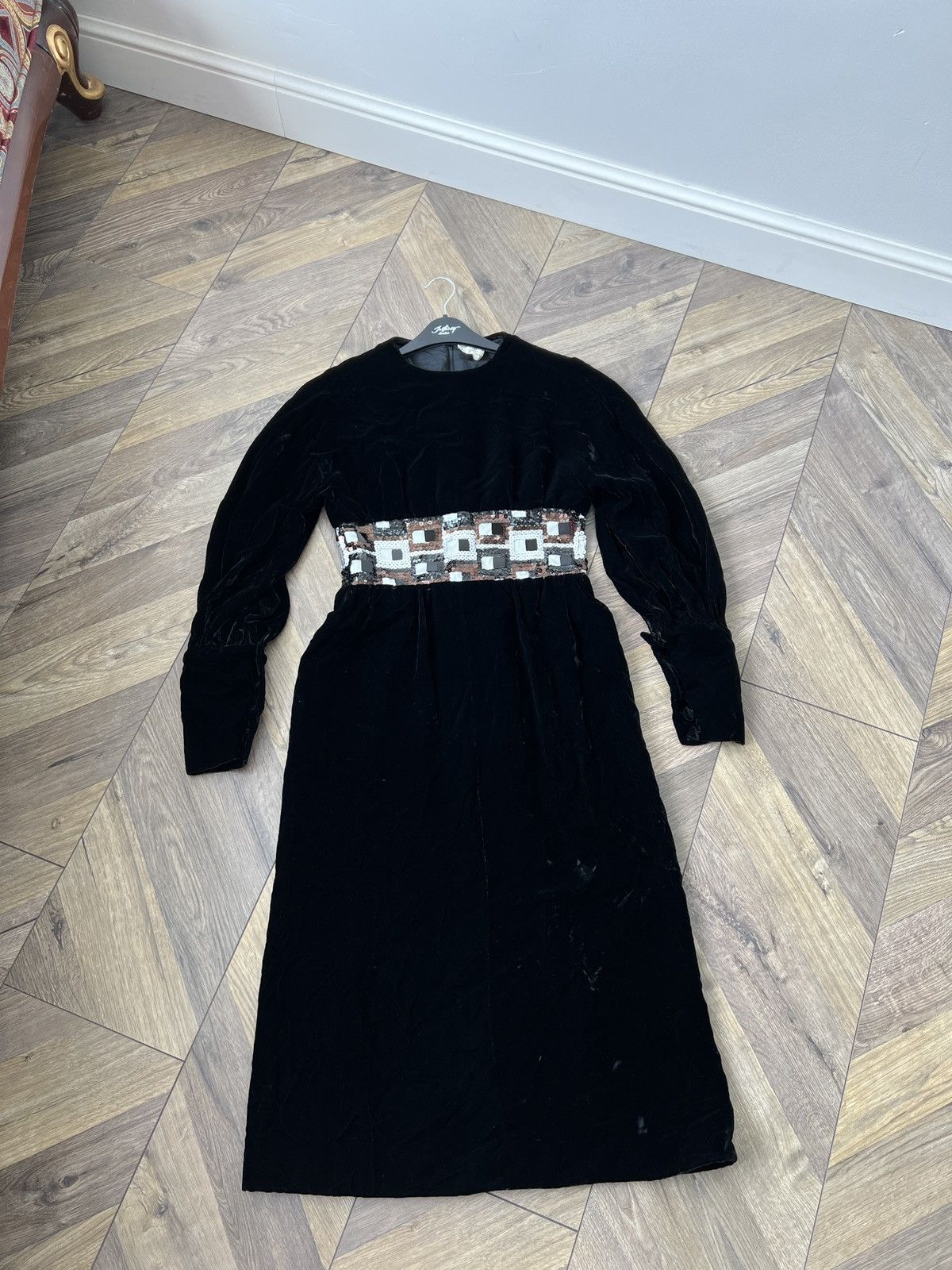 Designer Grieder Vintage Black Velvet Dress Long Sleeve Beaded Waist Size XS / US 0-2 / IT 36-38 - 3 Thumbnail