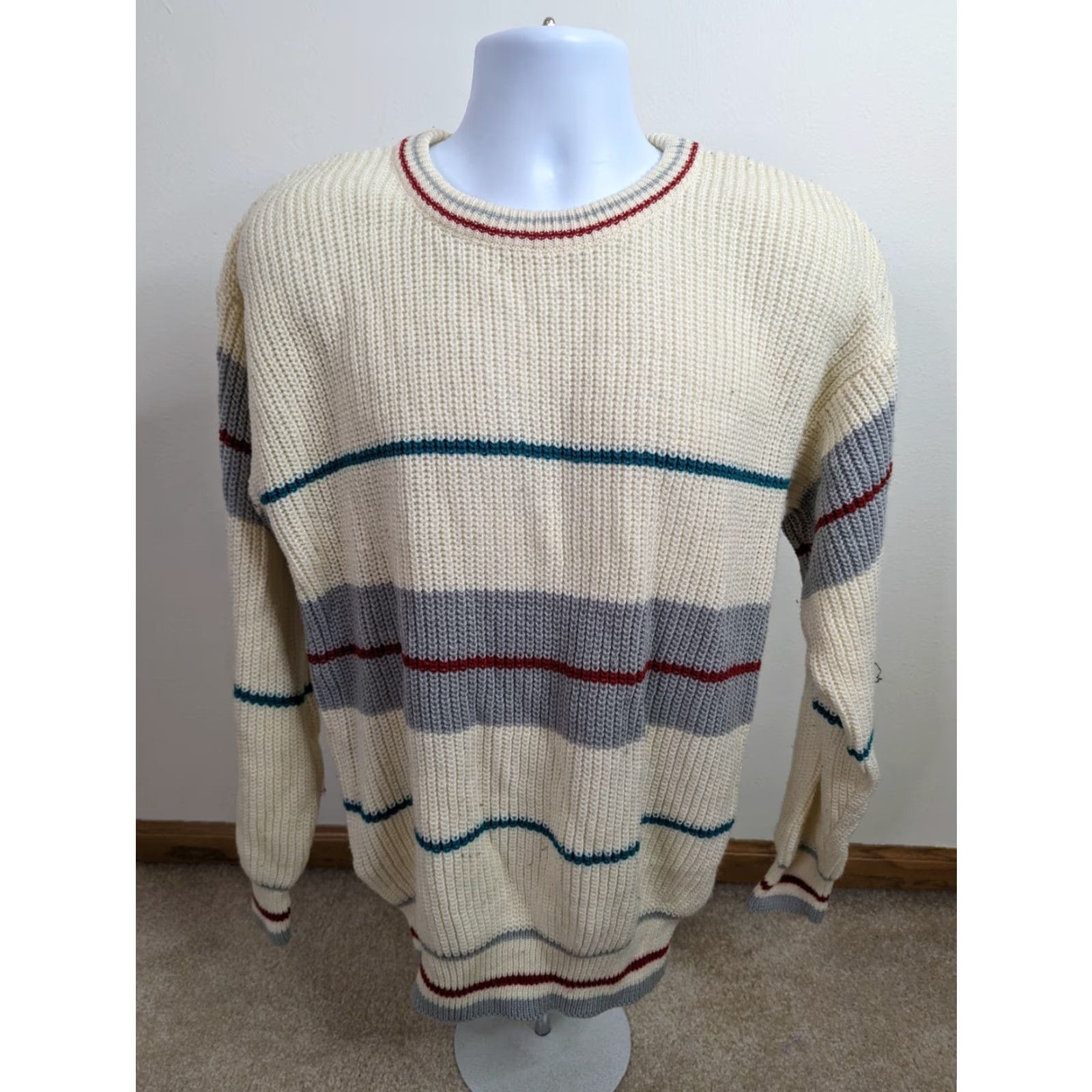 Vintage VINTAGE 80s Sweater Knit Ivory Striped MEN'S Large Crew Neck Pullover Grannycore S11 Men Size US L / EU 52-54 / 3 - 2 Thumbnail