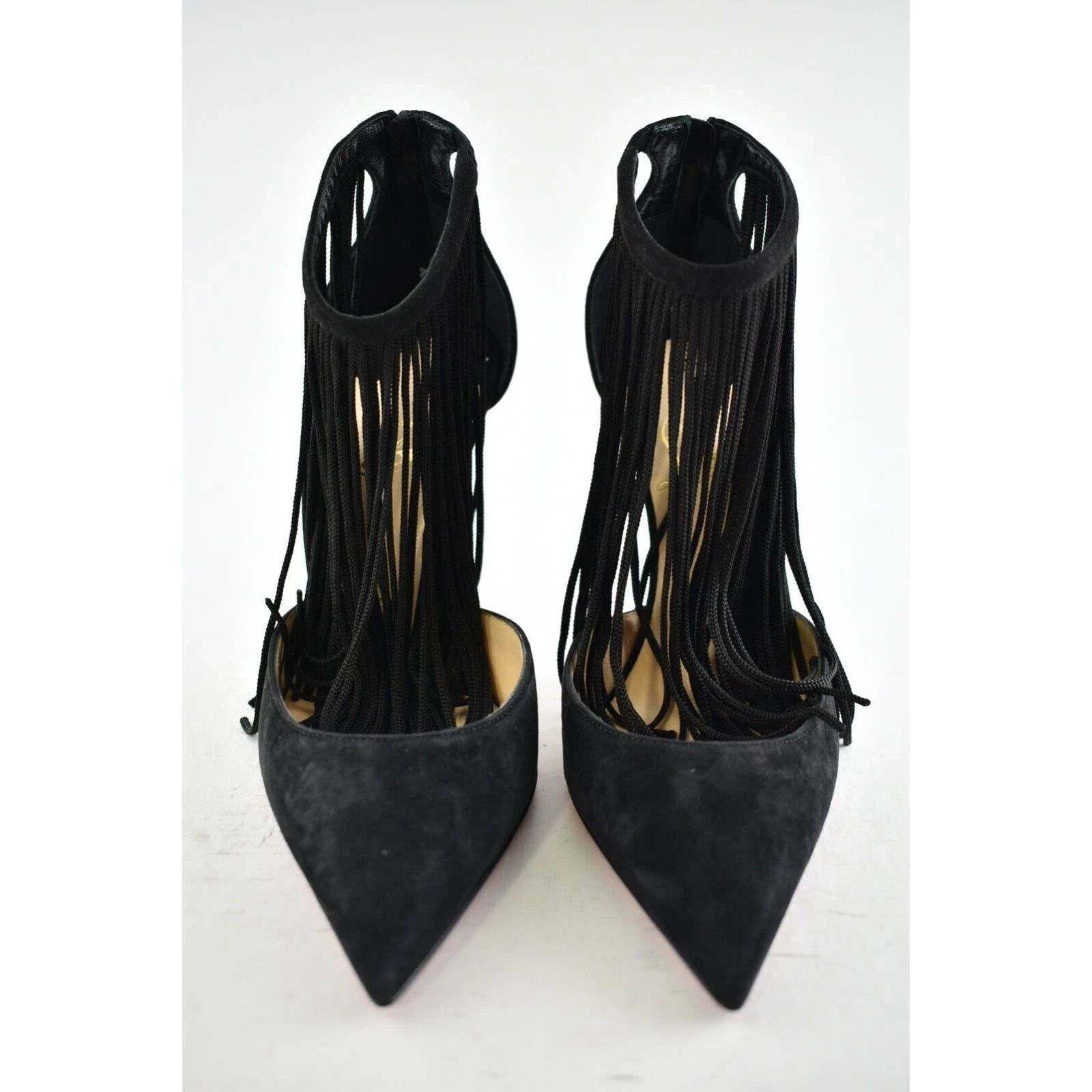 Christian Louboutin Courtain 100 Black Fringe Ankle Strap Sandal Heel Pump 36 Size US 6 / IT 36 - 6 Thumbnail