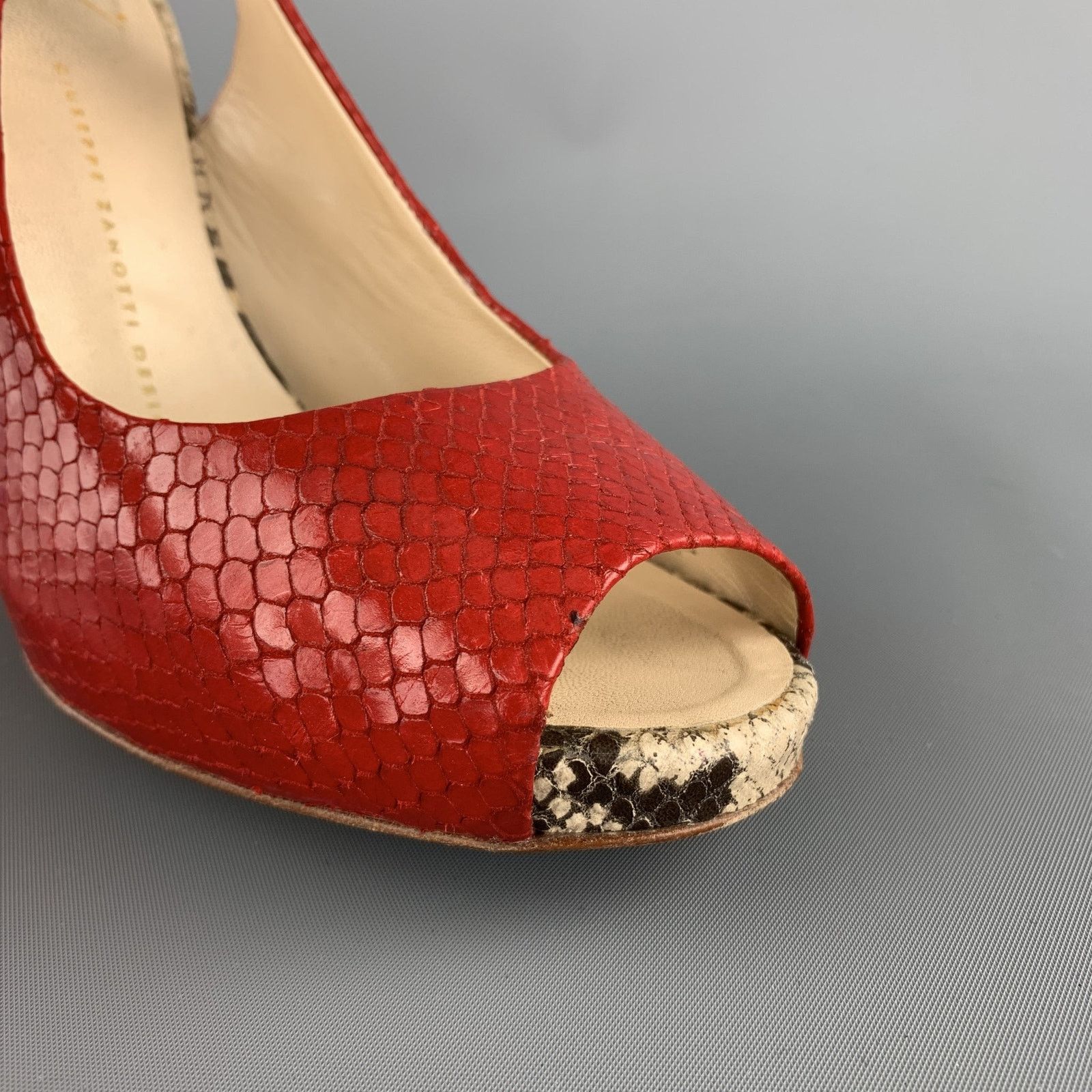 Giuseppe Zanotti 8 Red & Beige Snake Skin Slingback Peep Toe Pumps Size US 8 / IT 38 - 5 Thumbnail