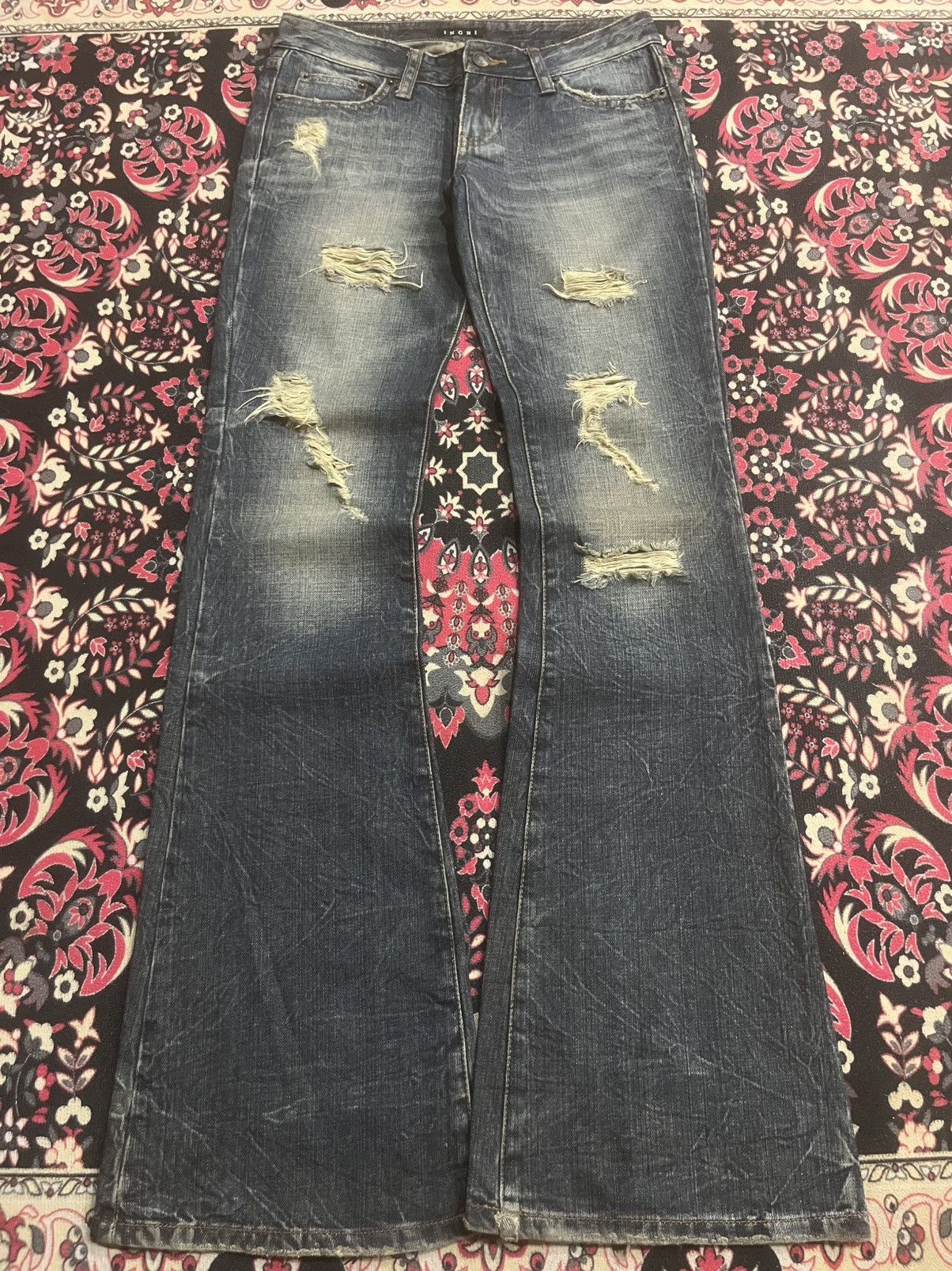 CIVARIZE Vintage Japanese Brand IGNI Dark Washed Distress Flare Jeans Size 28" / US 6 / IT 42 - 1 Thumbnail