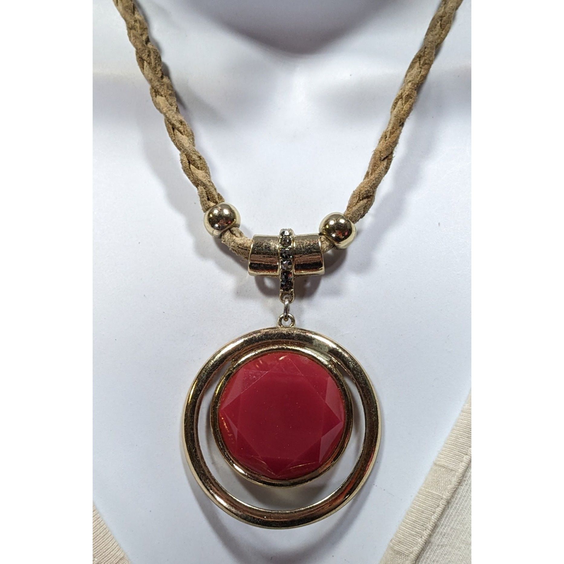 Other INC Red Gemmed Medallion Necklace On Tan Suede Braided Cord Size ONE SIZE - 4 Thumbnail