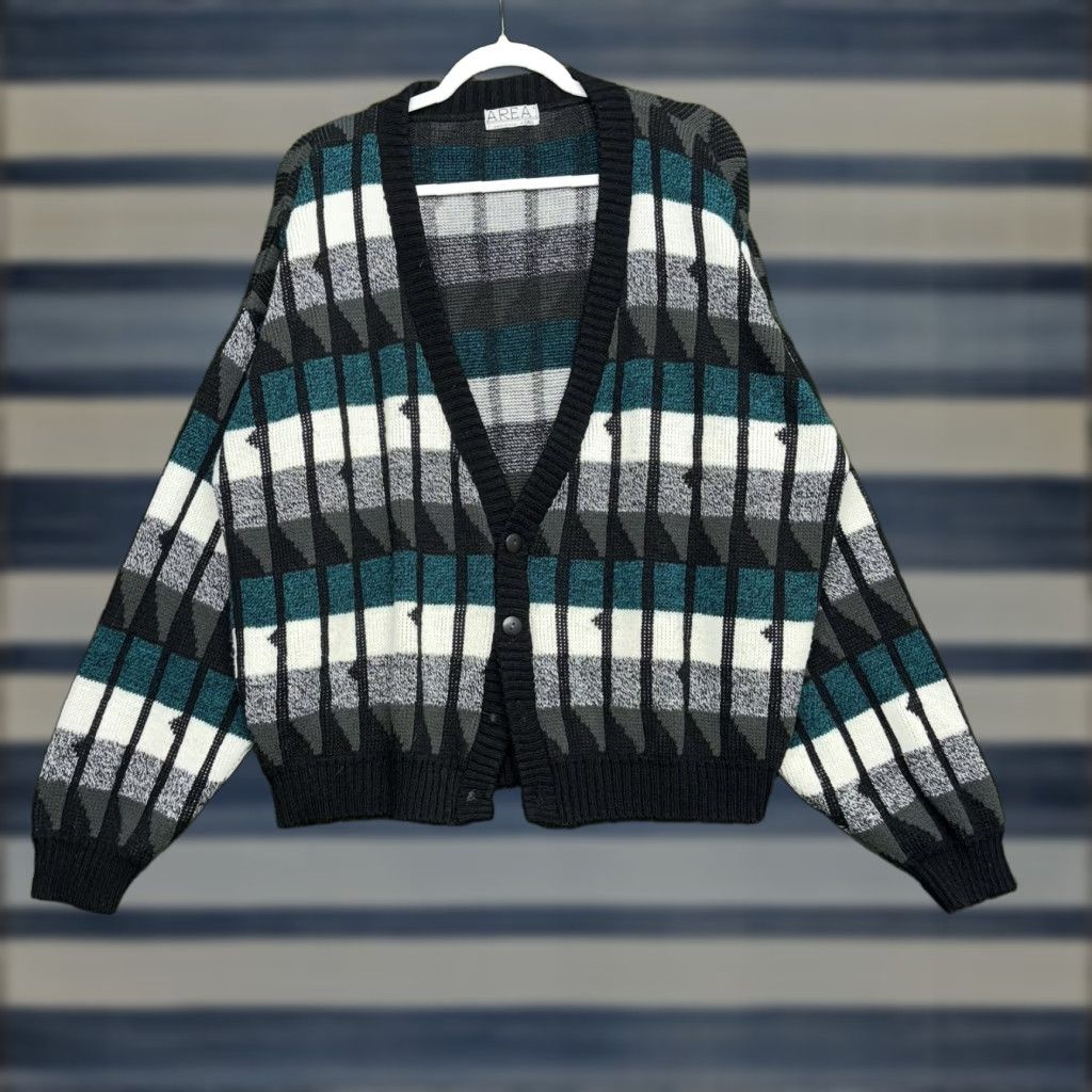 Area VINTAGE AREA4 Cardigan Sweater Mens Large Black Geometric 90s USA Mens Size US L / EU 52-54 / 3 - 1 Thumbnail