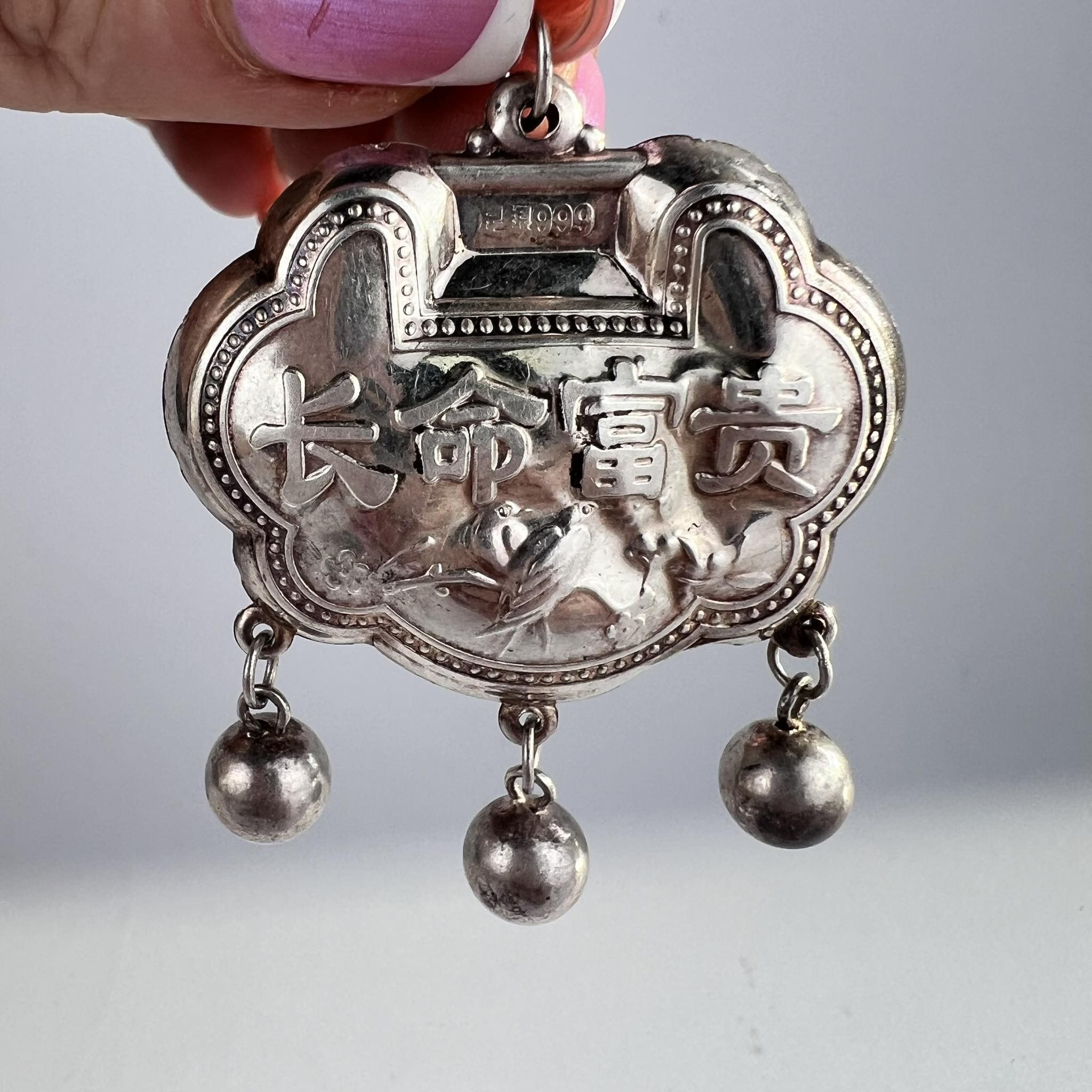 Vintage Antique Chinese Lock Charm Silver 999 Ethnic Pendant Bells Size ONE SIZE - 8 Thumbnail