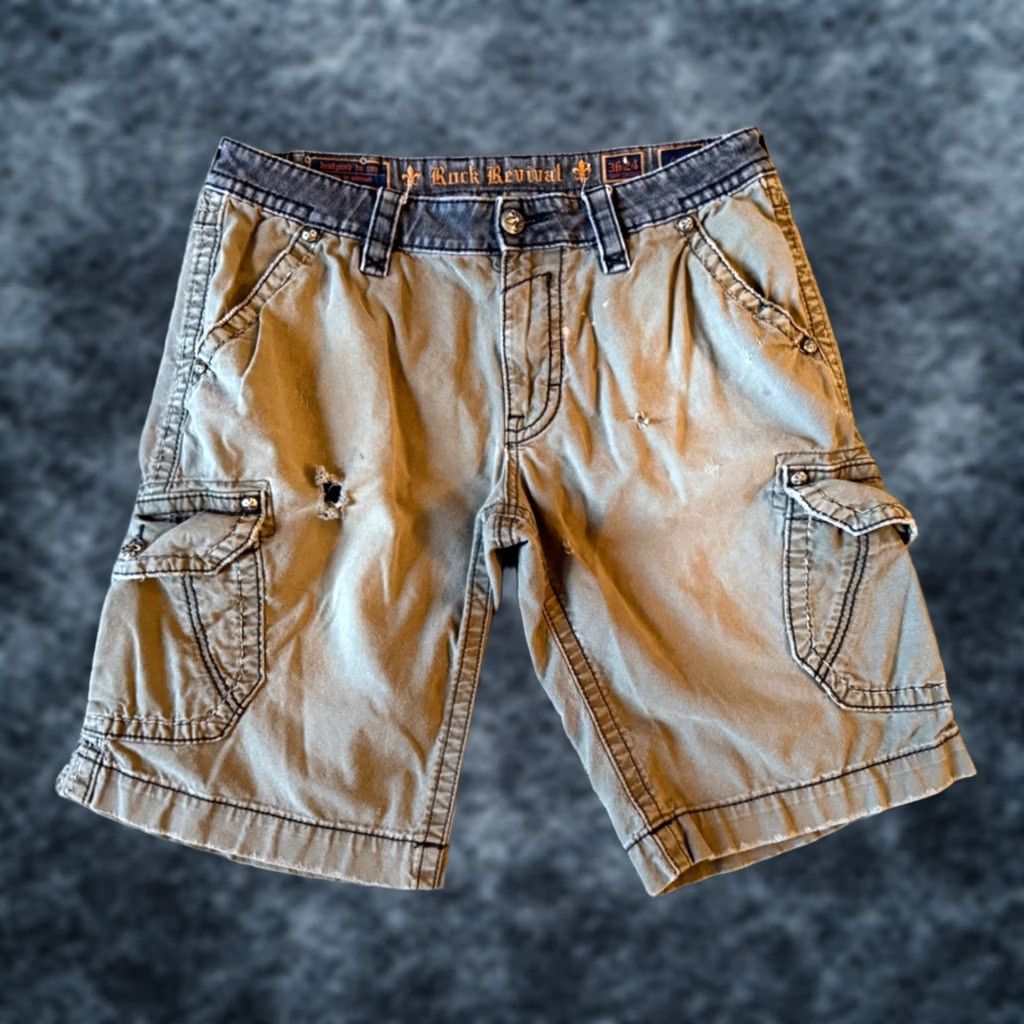 Vintage VINTAGE Rock Revival Classic Men's Cargo Shorts Gray Distressed Embroidered 36 Size | Regular Fit | 13in Inseam Size US 32 / EU 48 - 1 Thumbnail