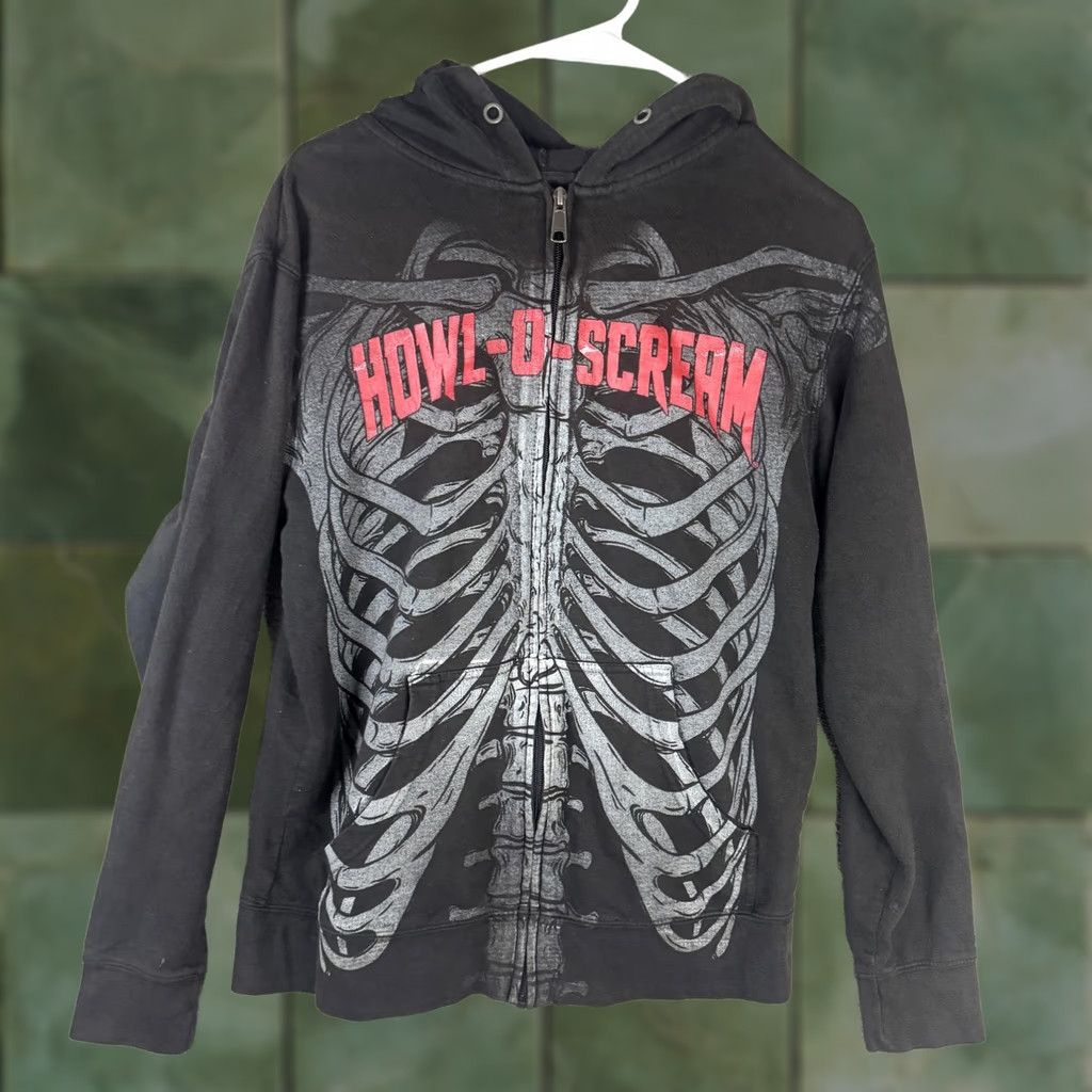Vintage Howl-O-Scream Hoodie Mens M Black Full Zip Skeleton Halloween Sweatshirt Size US M / EU 48-50 / 2 - 1 Thumbnail