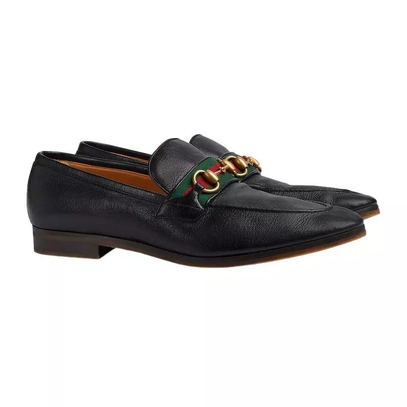GUCCI Men's Black Leather Horsebit Web Loafers New