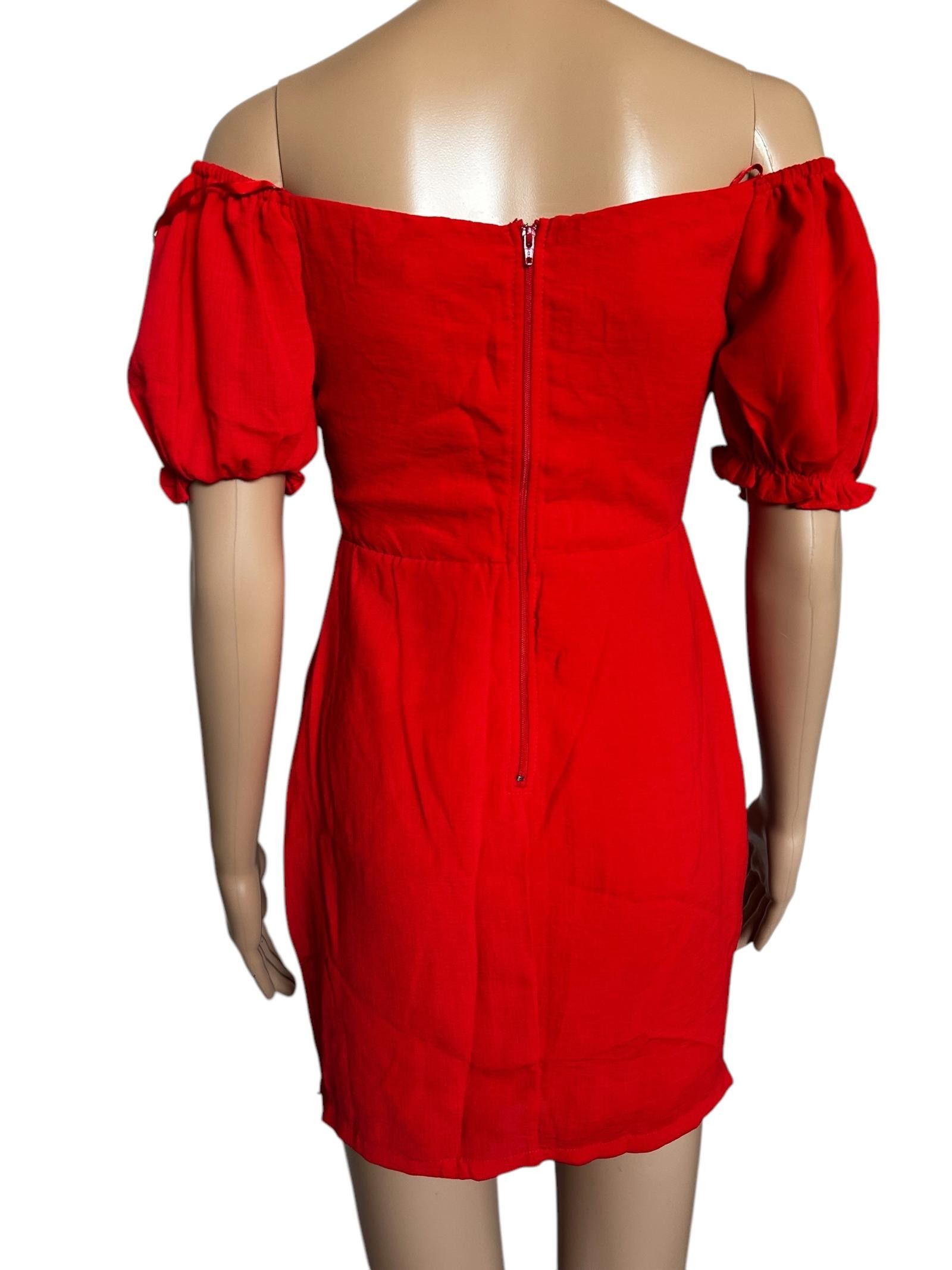 Designer Eye-Catching Red Off-Shoulder Dress with Puff Sleeves Size S / US 4 / IT 40 - 4 Thumbnail