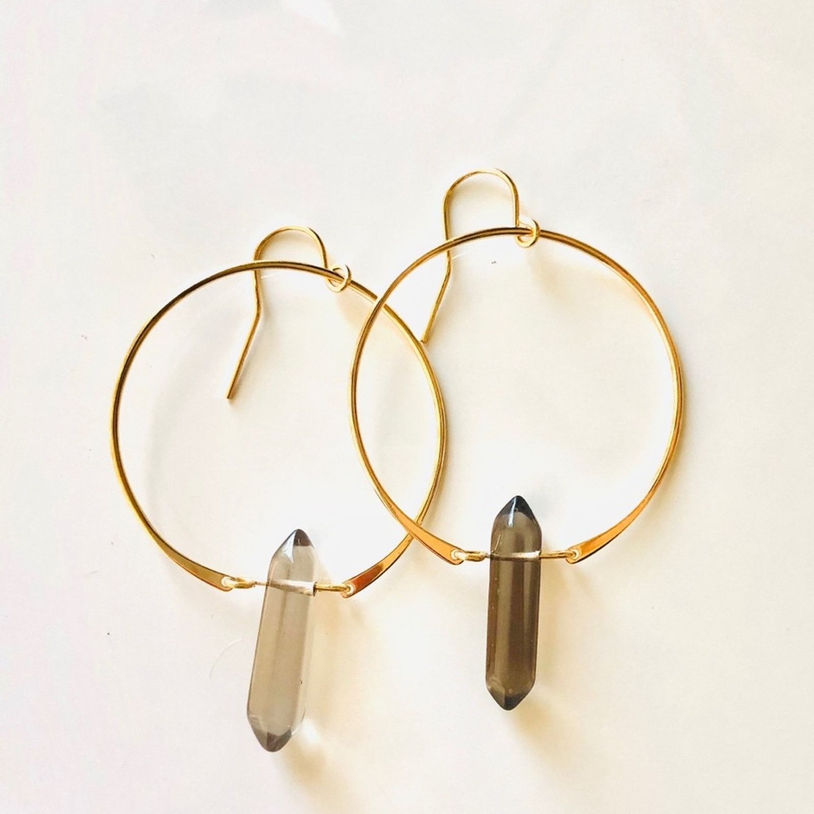 Anthropologie Smoky Quartz Gold Gemstone Crystal Hoop Earrings Jewelry, Women's