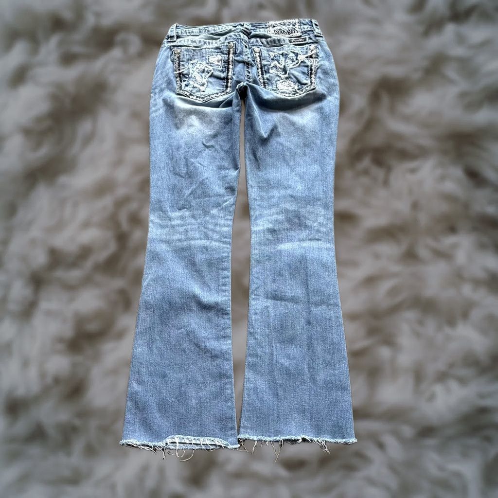 Miss Me Y2K Miss Me Bootcut Jeans Womens 28 Medium Wash Blue Raw Hem Rhinestone Denim Size 28" / US 6 / IT 42 - 1 Thumbnail
