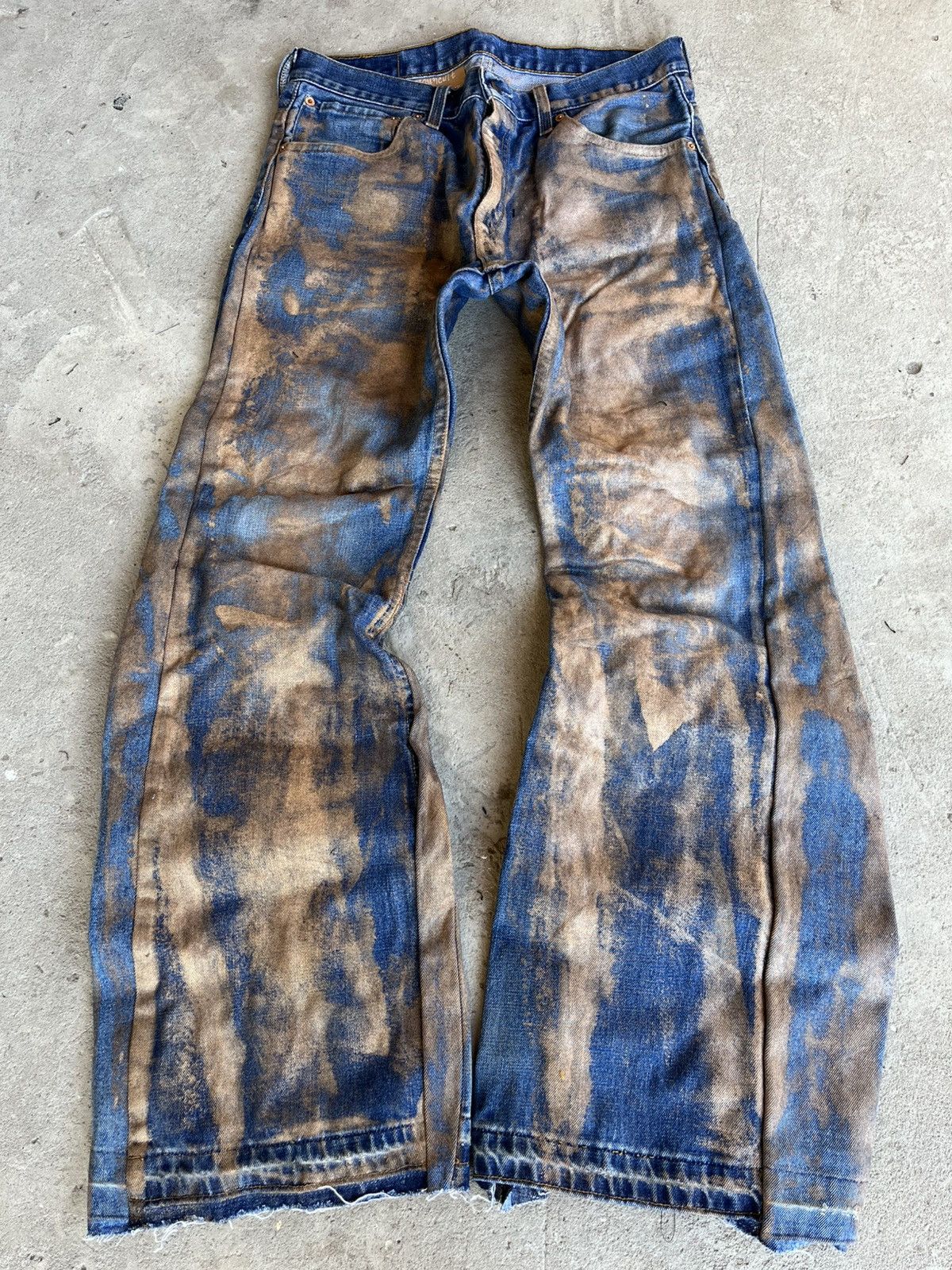 20471120 × If Six Was Nine × Le Grande Bleu (L.G.B.) Dirty Painted Distressed Thrashed Faded Baggy Jeans Y2K Size US 33 - 1 Thumbnail