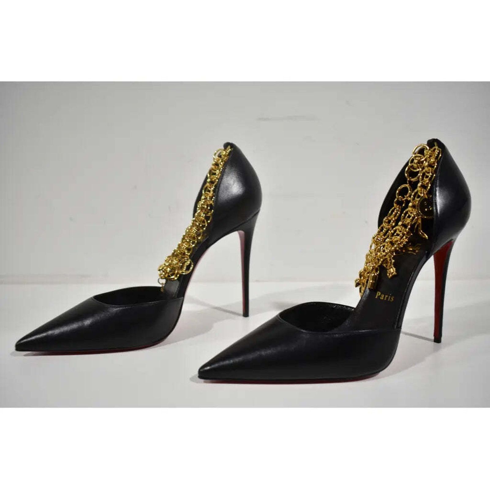 Christian Louboutin Gourmi Pump 100 Black Gold Charm Ankle Strap Pointed Heel 42 Size US 12 / IT 42 - 7 Thumbnail