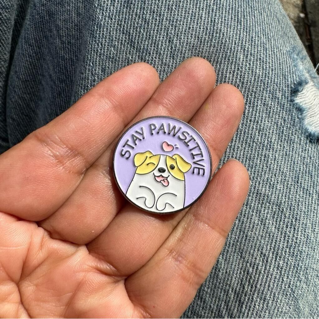 Other ✨STAY PAWSITIVE Cute Dog Animal Round Badge Cartoon Lapel Br Size ONE SIZE - 2 Thumbnail