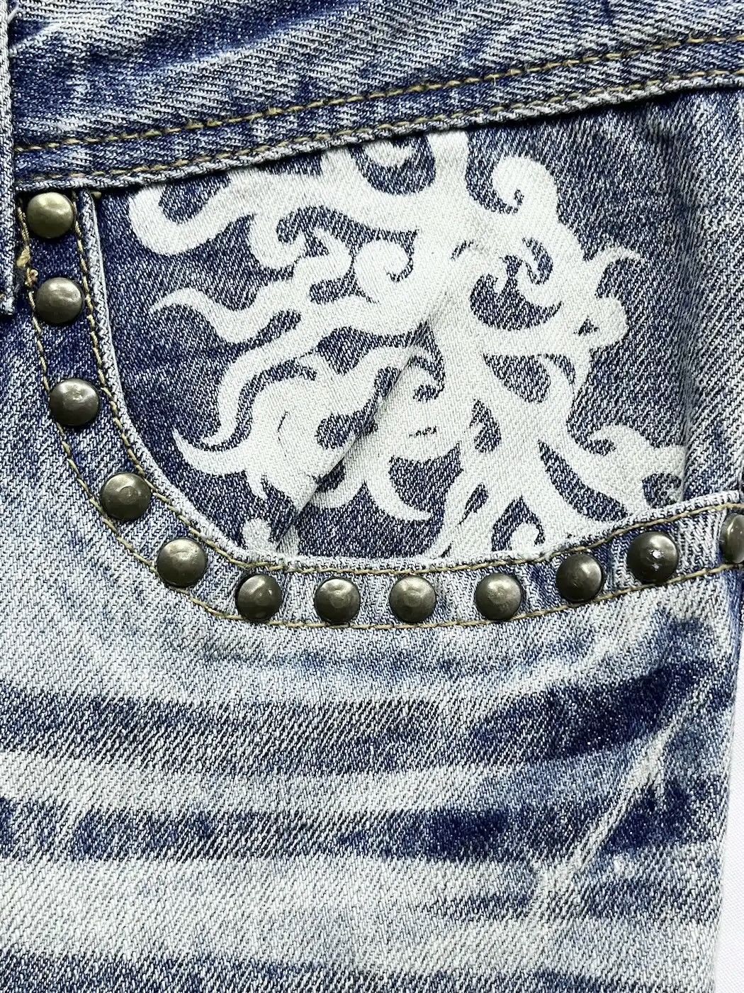 Seditionaries Distressed Studded Tribal Tattoo Slanted Pocket Denim Cargo Size US 31 - 2 Thumbnail