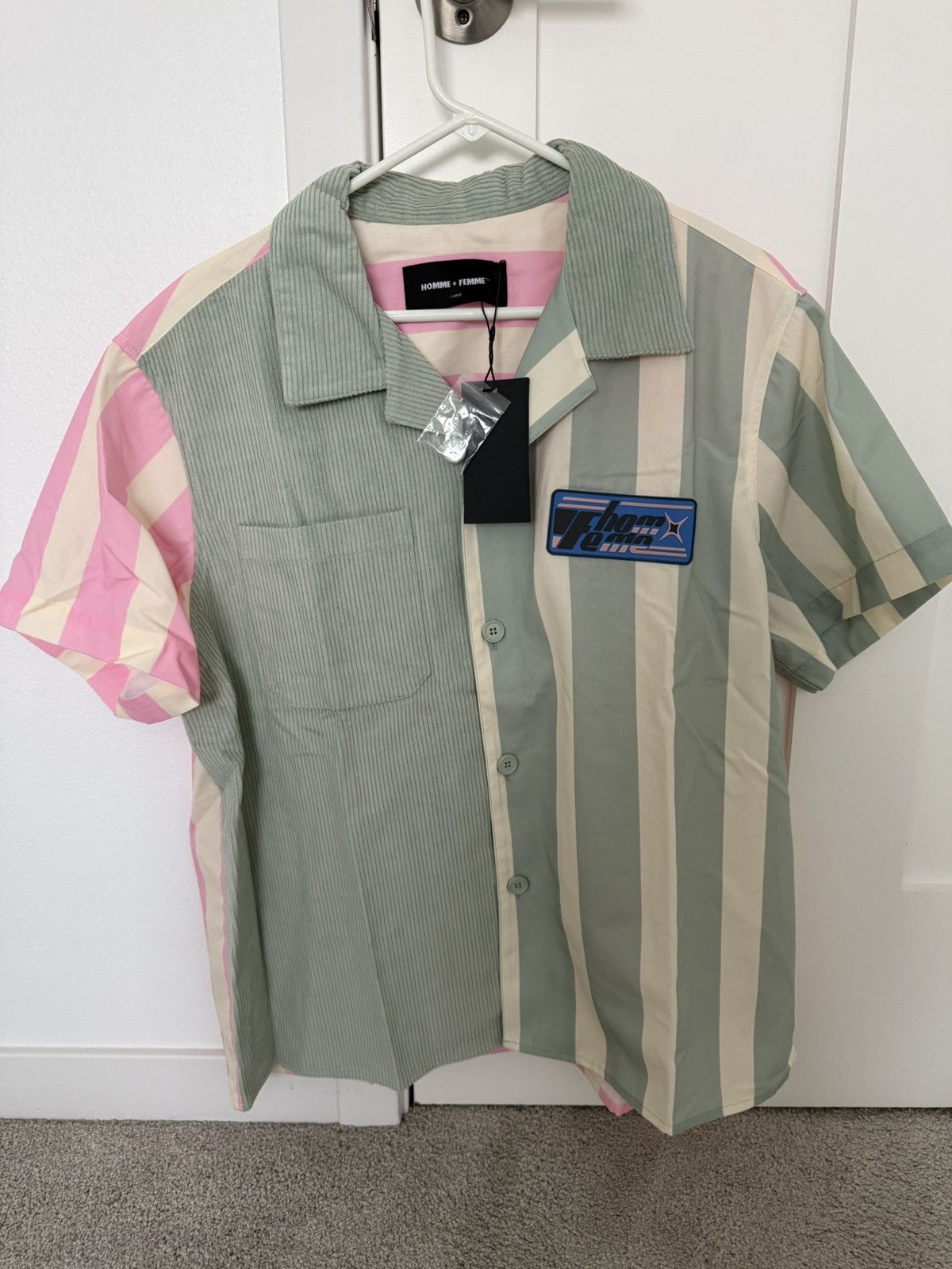 Homme + Femme La HOMME FEMME CORDUROY & POPLIN BOWLING SHIRT IN GREEN,PINK- L Size US XL / EU 56 / 4 - 1 Thumbnail
