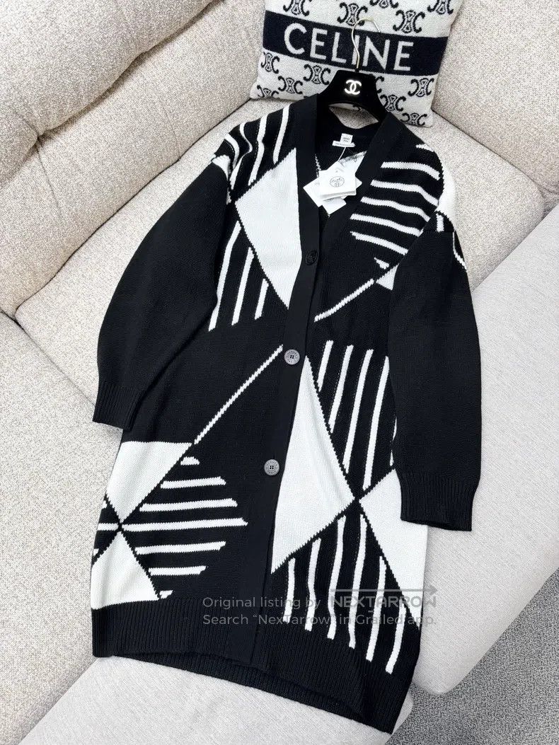 Hermes Hermes Black and White Long Cashmere Open Cardigan Coat Size XXS / US 00 / IT 34 - 1 Thumbnail