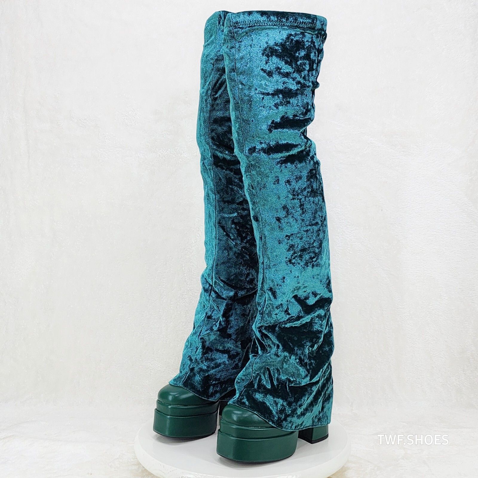 Other Unique Thigh High Green Velvet Fold over Skirted Chunky Heel Size US 8 / IT 38 - 6 Thumbnail