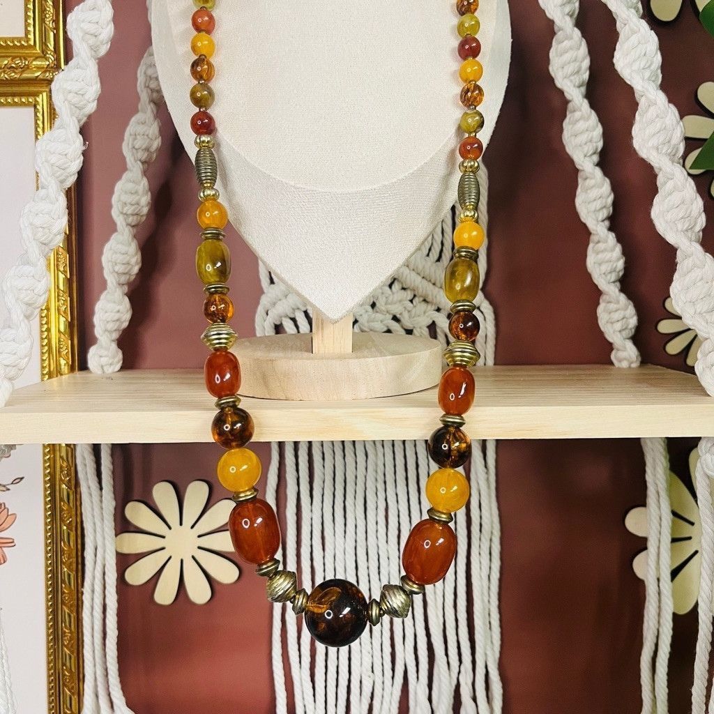 Jewelry Boho Acrylic Beaded Necklace Red Brown Yellow Chunky Beads Size ONE SIZE - 2 Thumbnail