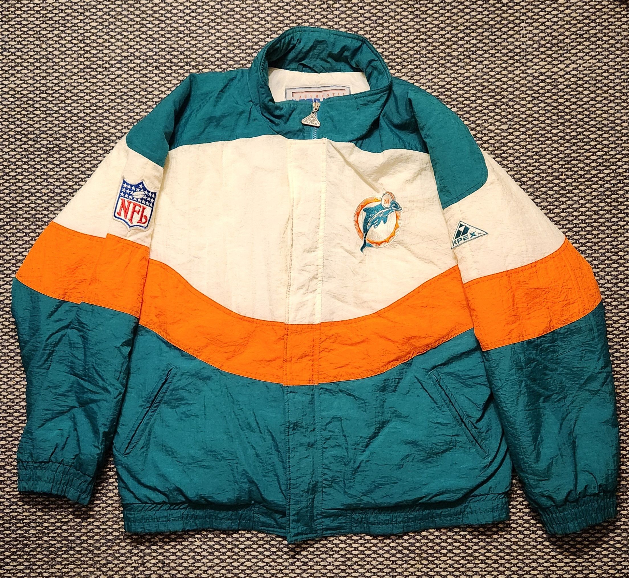 Image of Apex One Vintage Apex Miami Dolphins Nfl Coat/jacket. Size: XL in Aqua/Orange/Blue, Men's