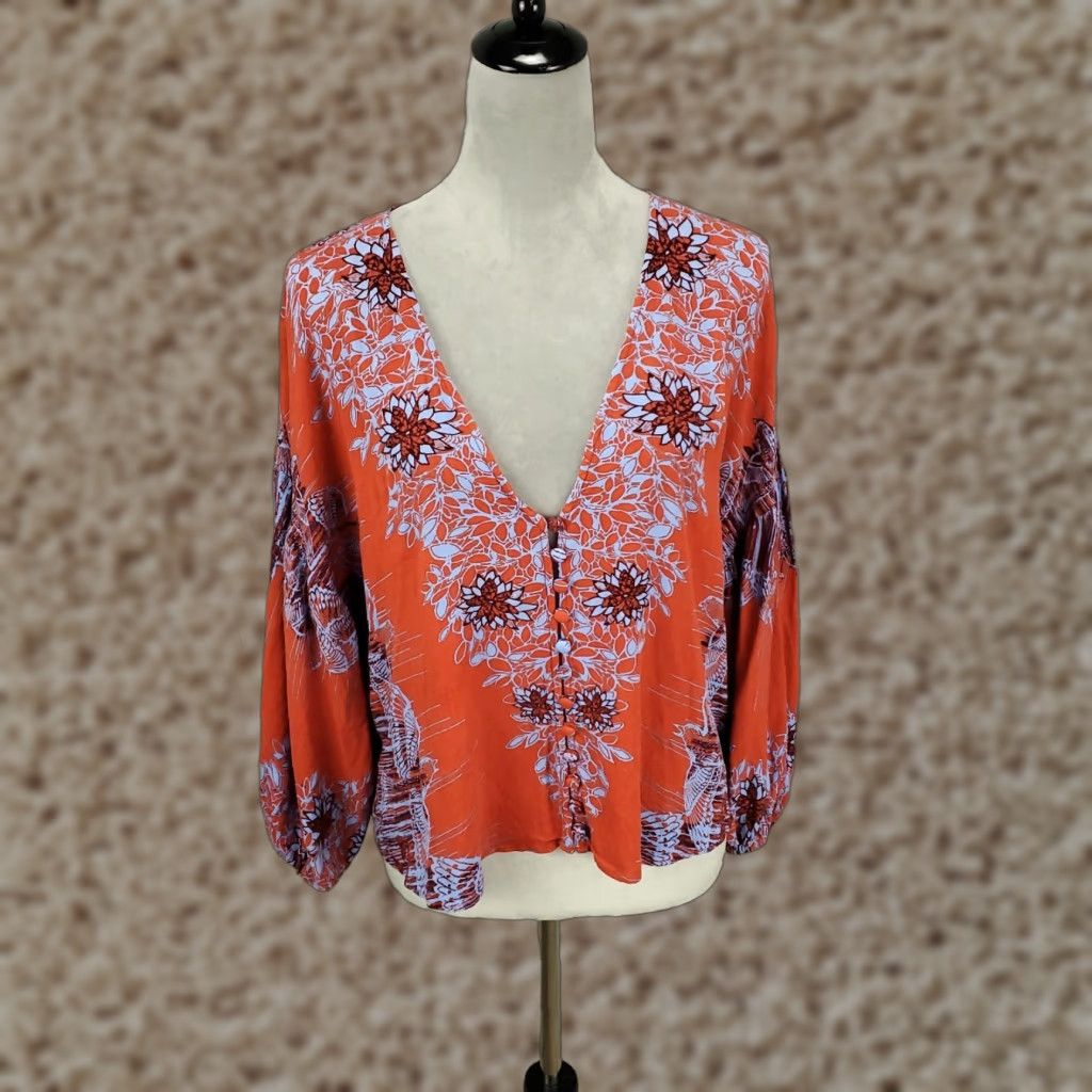 Free People Free People Balloon Sleeve Blouse XS Multicolor Floral V-Neck Casual Womens Size XS / US 0-2 / IT 36-38 - 1 Thumbnail
