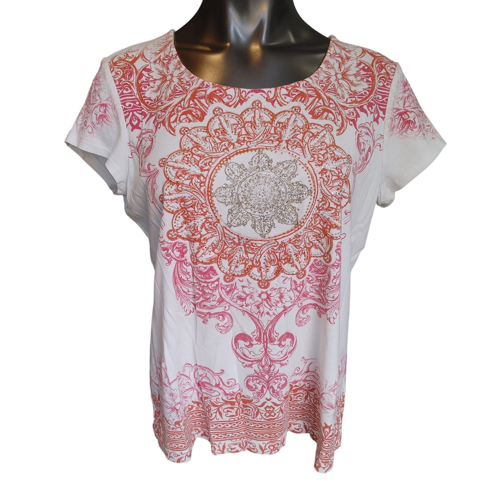 Other Zenergy by Chico's Women's 2 White/Pink Mosaic Basic Tee Size L / US 10 / IT 46 - 1 Thumbnail