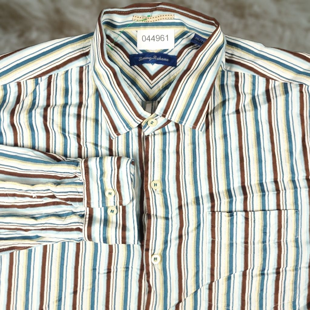 Tommy Bahama VINTAGE? No — Tommy Bahama Boat Shirt Men 2XL Blue Brown Striped Silk Button-Up Long Sleeve Shirt Size US XXL / EU 58 / 5 - 1 Thumbnail
