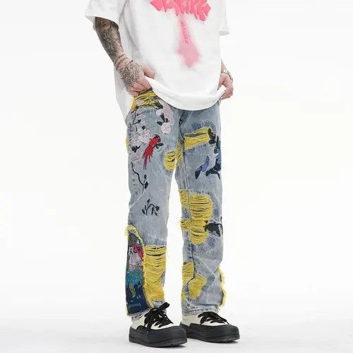 image of Distressed Denim x Jean Embroidered Patch Denim Ripped Jeans in Blue, Men's (Size 35)