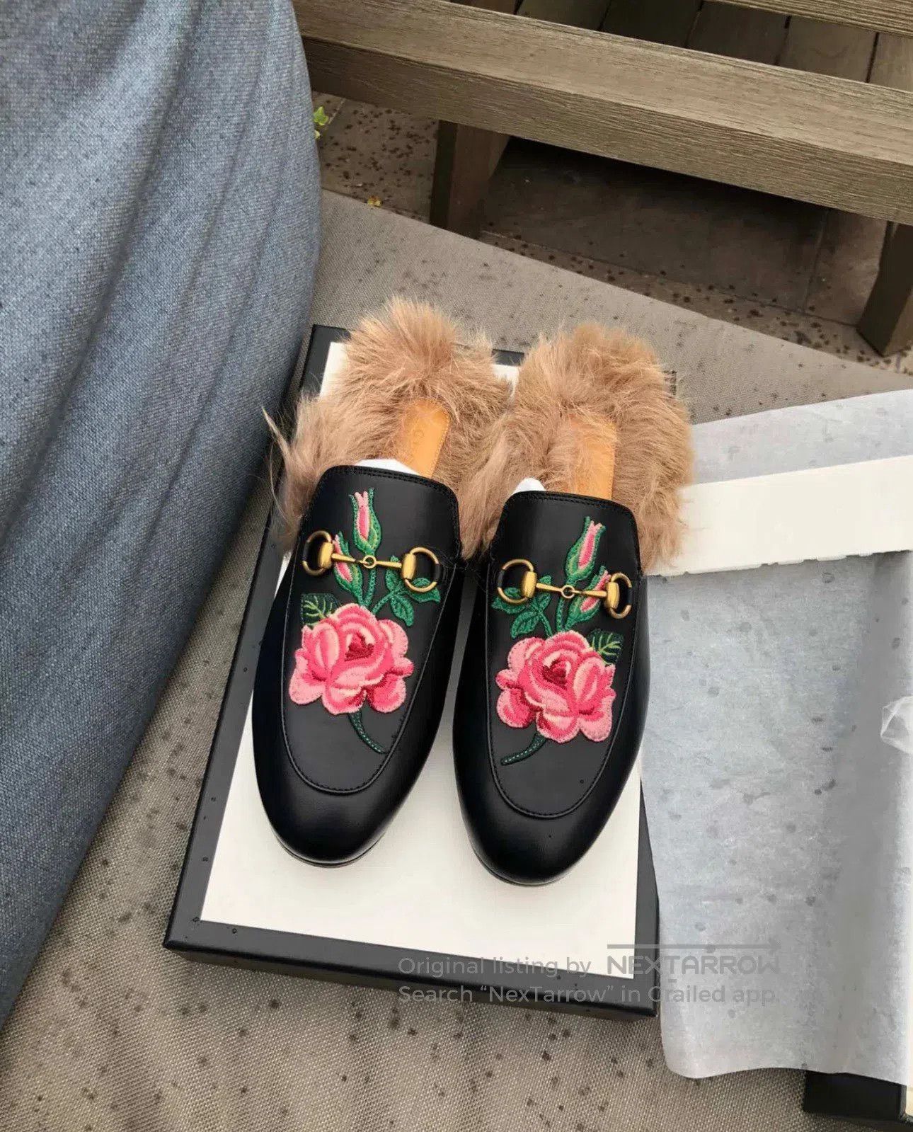 Gucci Gucci Floral Embroidered Fur Slippers. Size US 4 / IT 34 - 1 Thumbnail