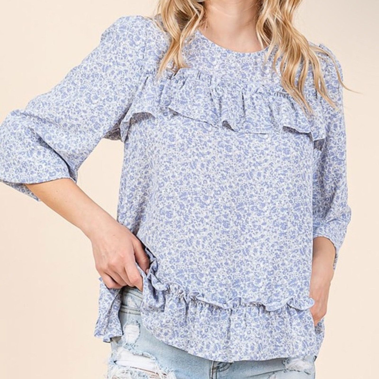Nordstrom NEW Lavender Blue White Floral Ruffle $88 Blouse Shirt Top Size L / US 10 / IT 46 - 14 Thumbnail