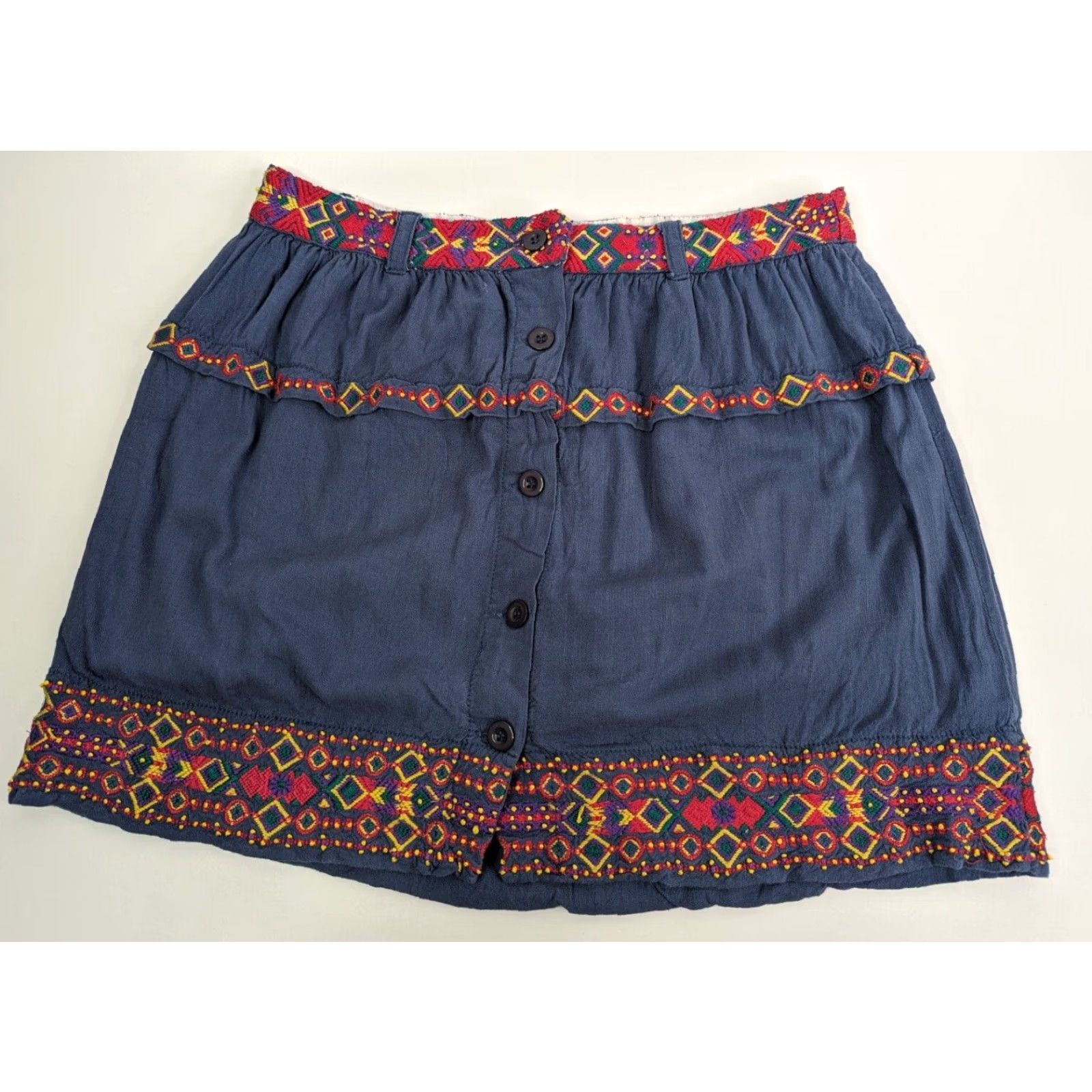 Miss Me Miss Me Blue Couture Embroidered Linen Lined Skirt Button Front Size Large Women Short Mini Size 36" / US 14 / IT 50 - 2 Thumbnail