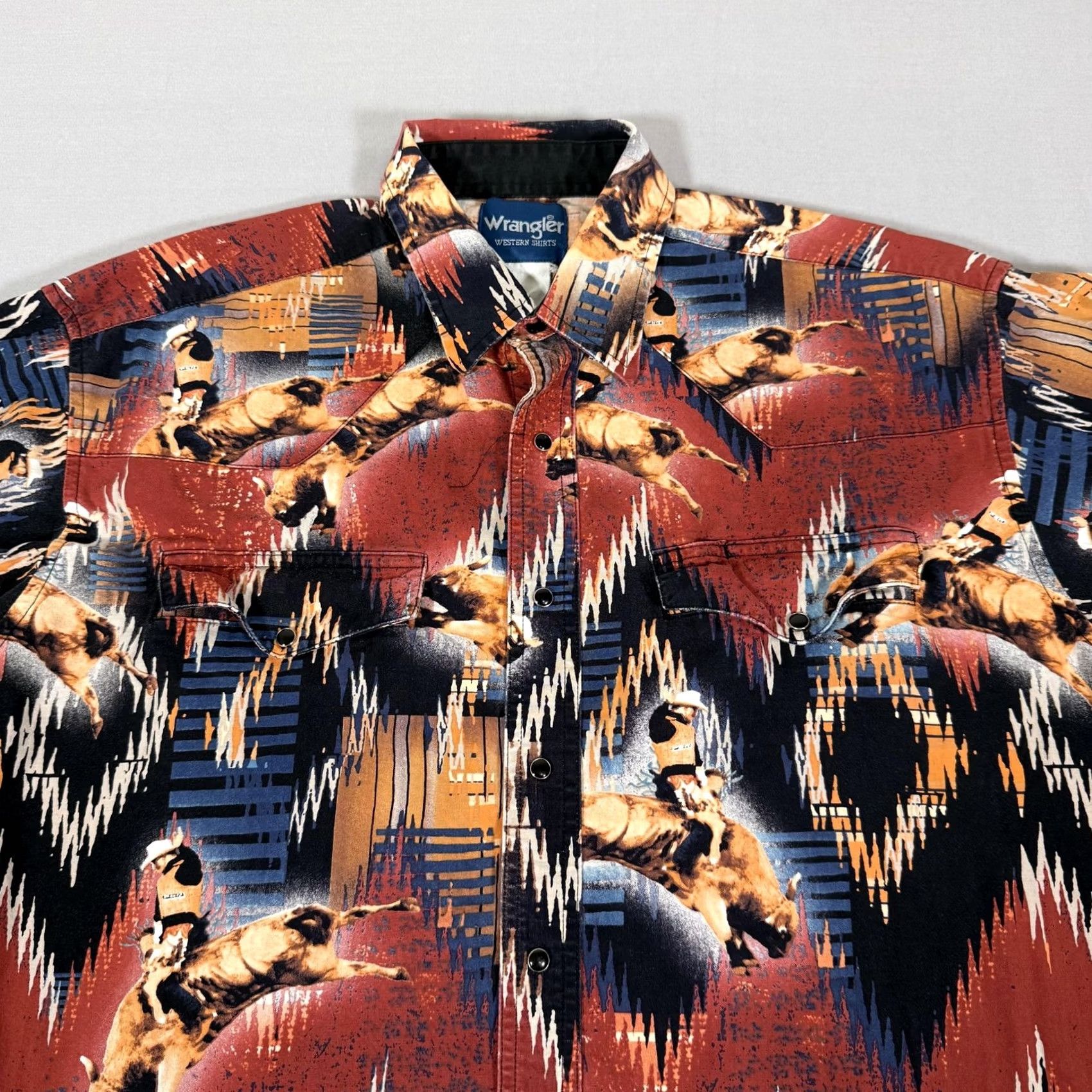 Wrangler VINTAGE Wrangler Shirt Mens XL Red PBR Pearl Snap Western Aztec Bull Riding Cowboy Work Size US XL / EU 56 / 4 - 2 Thumbnail