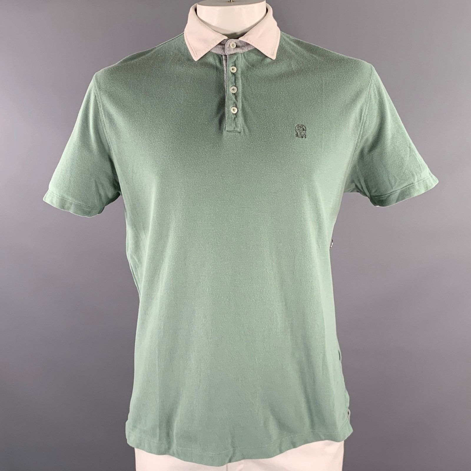 Brunello Cucinelli BRUNELLO CUCINELLI Green White Color Block Cotton Polo Size US L / EU 52-54 / 3 - 1 Thumbnail