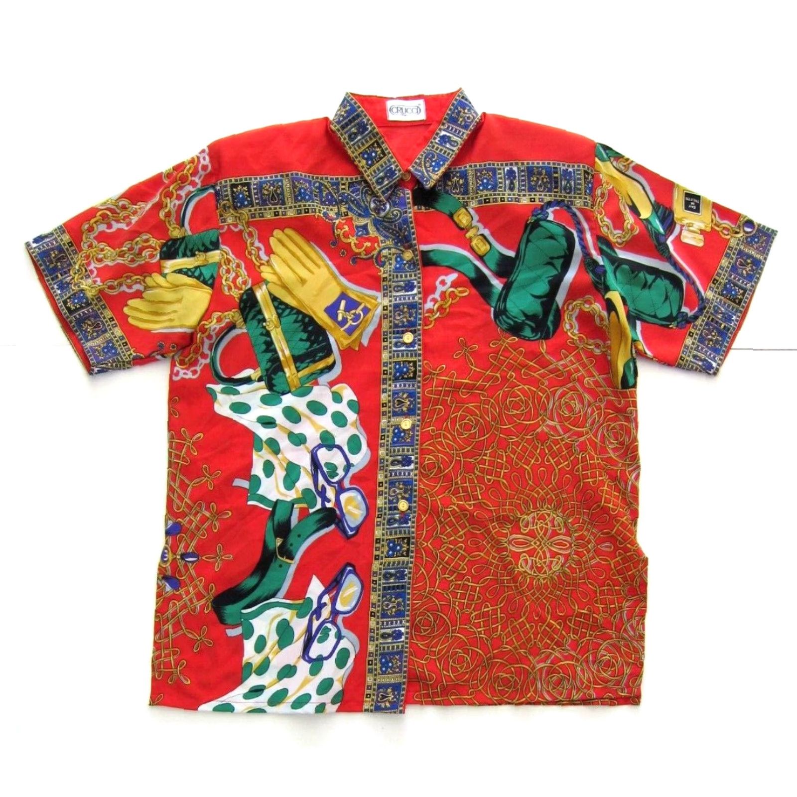 Vintage Vtg Crucci Red Green Gold Blue Floral Fashion Short Sleeve Button Blouse L-XL Size XL / US 12-14 / IT 48-50 - 2 Thumbnail