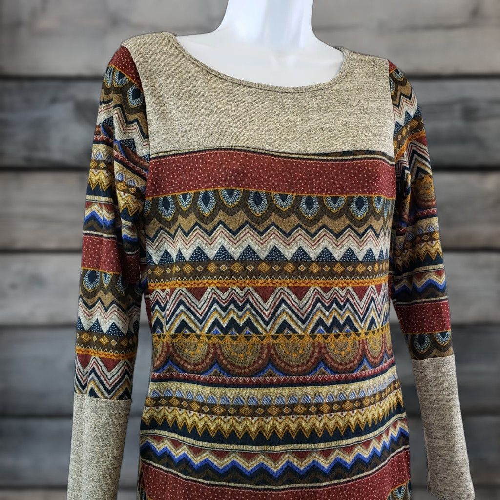 Vintage Sarin Mathews Womens Knit Dress Sz Small Maroon Tan Stripes Long Sleeve Rayon Size S / US 4 / IT 40 - 1 Thumbnail