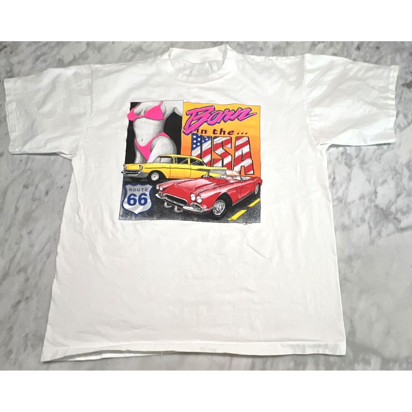 Born VINTAGE Born In The USA Route 66 T Shirt White Graphic 1990’s 2XL Single Stitch Mens Size US XXL / EU 58 / 5 - 3 Thumbnail