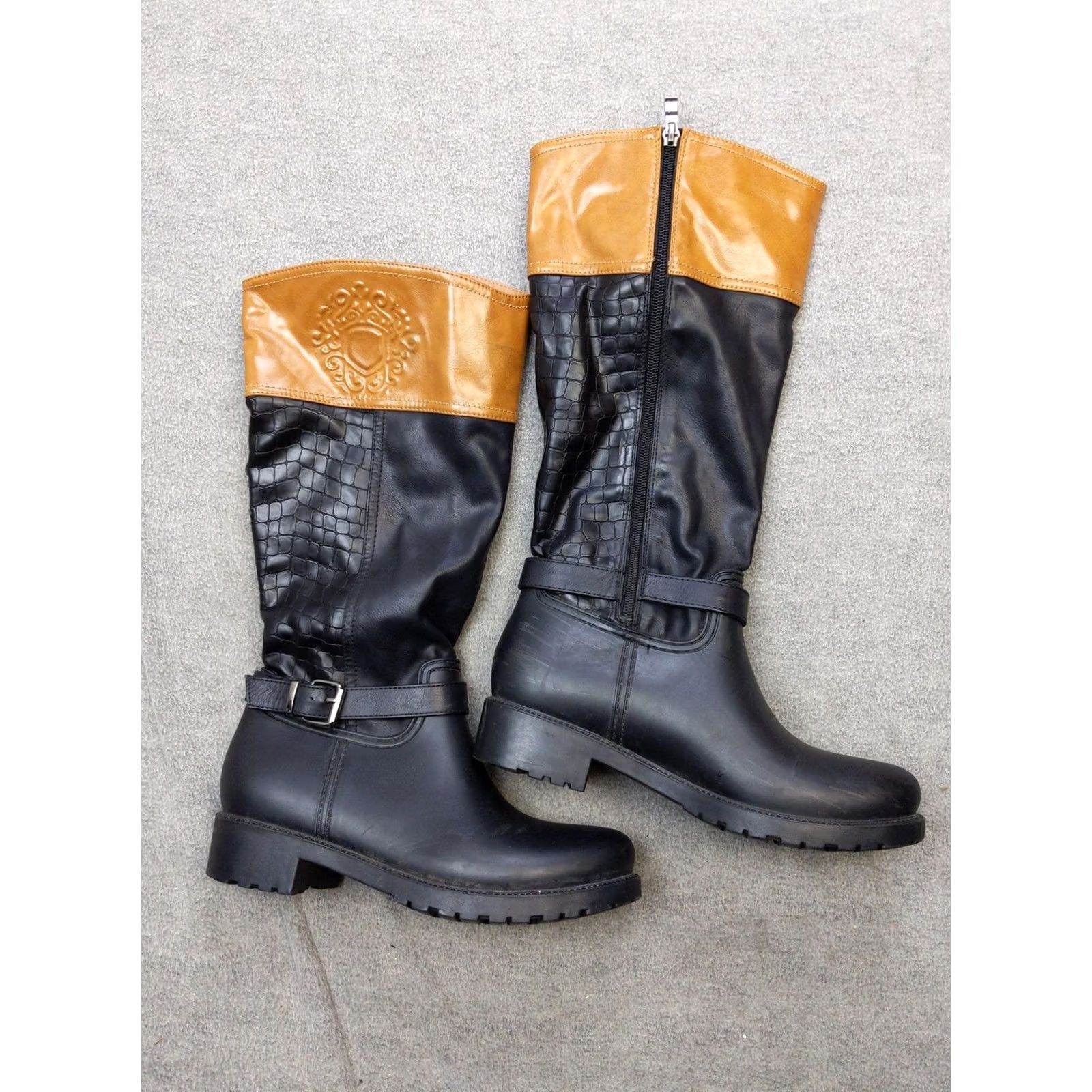Forever 21 Forever Boots Womens Knee High Riding Zip Lug Sole Buckle Black Maroon Tan Cuff 8.5 Size US 9 / IT 39 - 2 Thumbnail