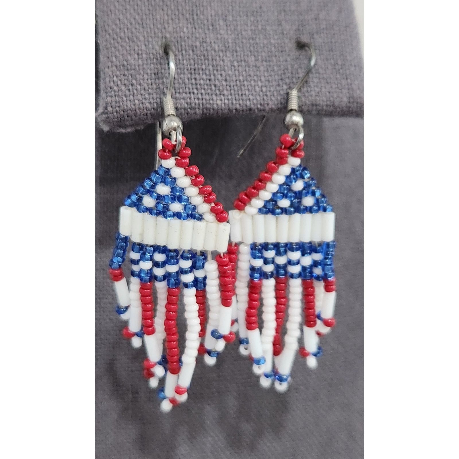 Other Hand Beaded American Flag Red White Blue Dangle Hook Earring Size ONE SIZE - 1 Thumbnail