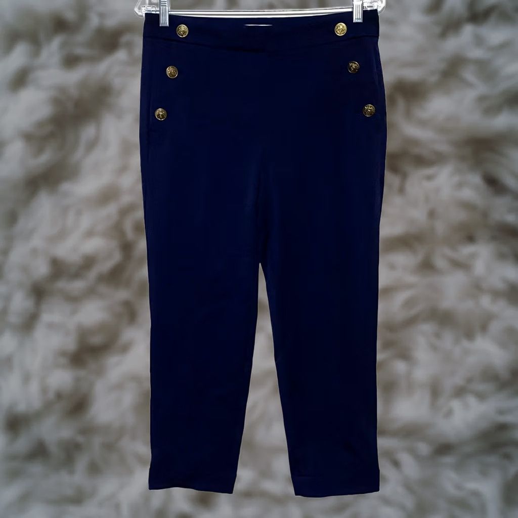 Ann Taylor Loft Navy Blue Sailor Pants 4P Nautical Gold Crest Buttons Quiet Luxury Size 27" / US 4 / IT 40 - 1 Thumbnail