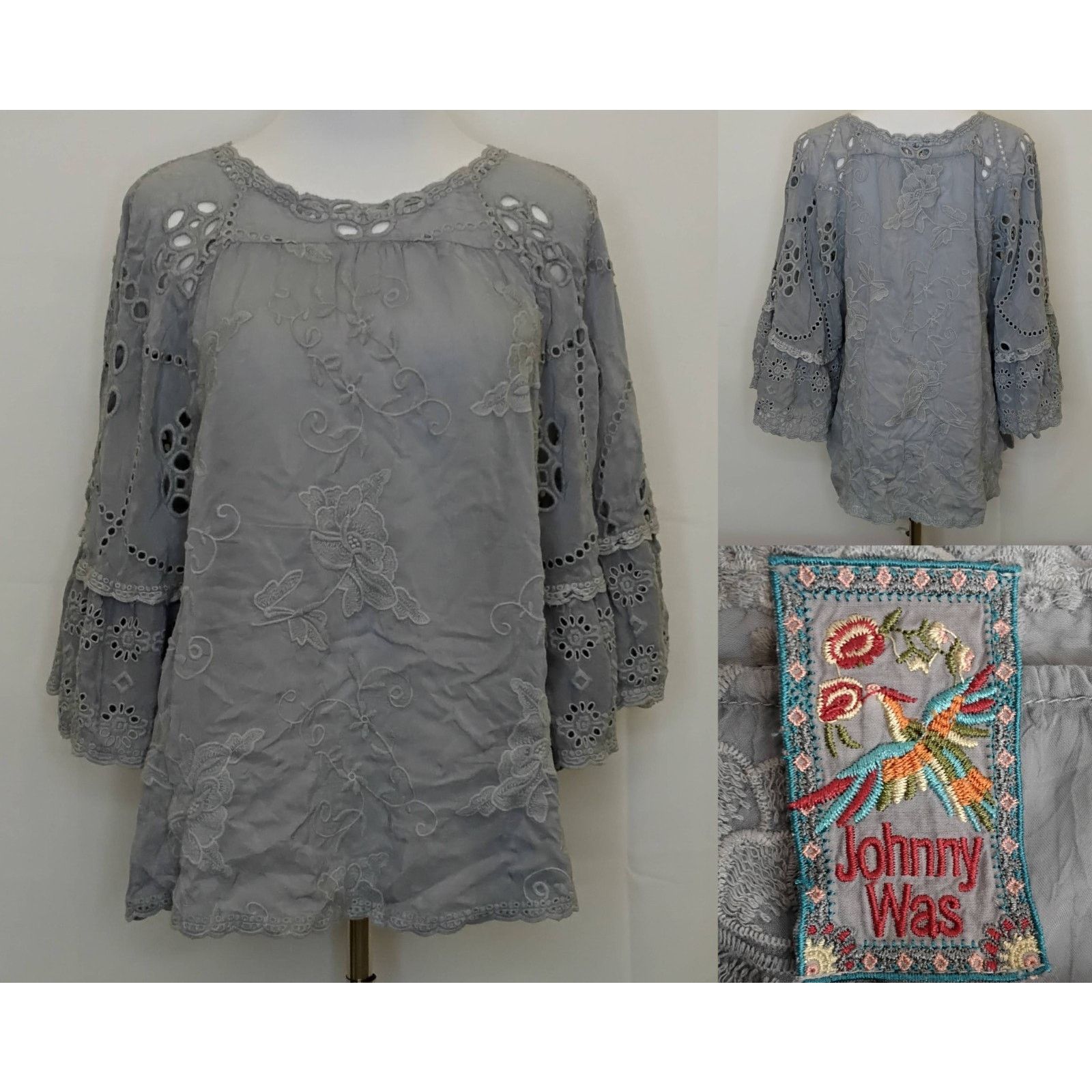 Johnny Was Johnny Was Embroidered Top Women's S Light Blue Gray Eyelets Size S / US 4 / IT 40 - 1 Thumbnail