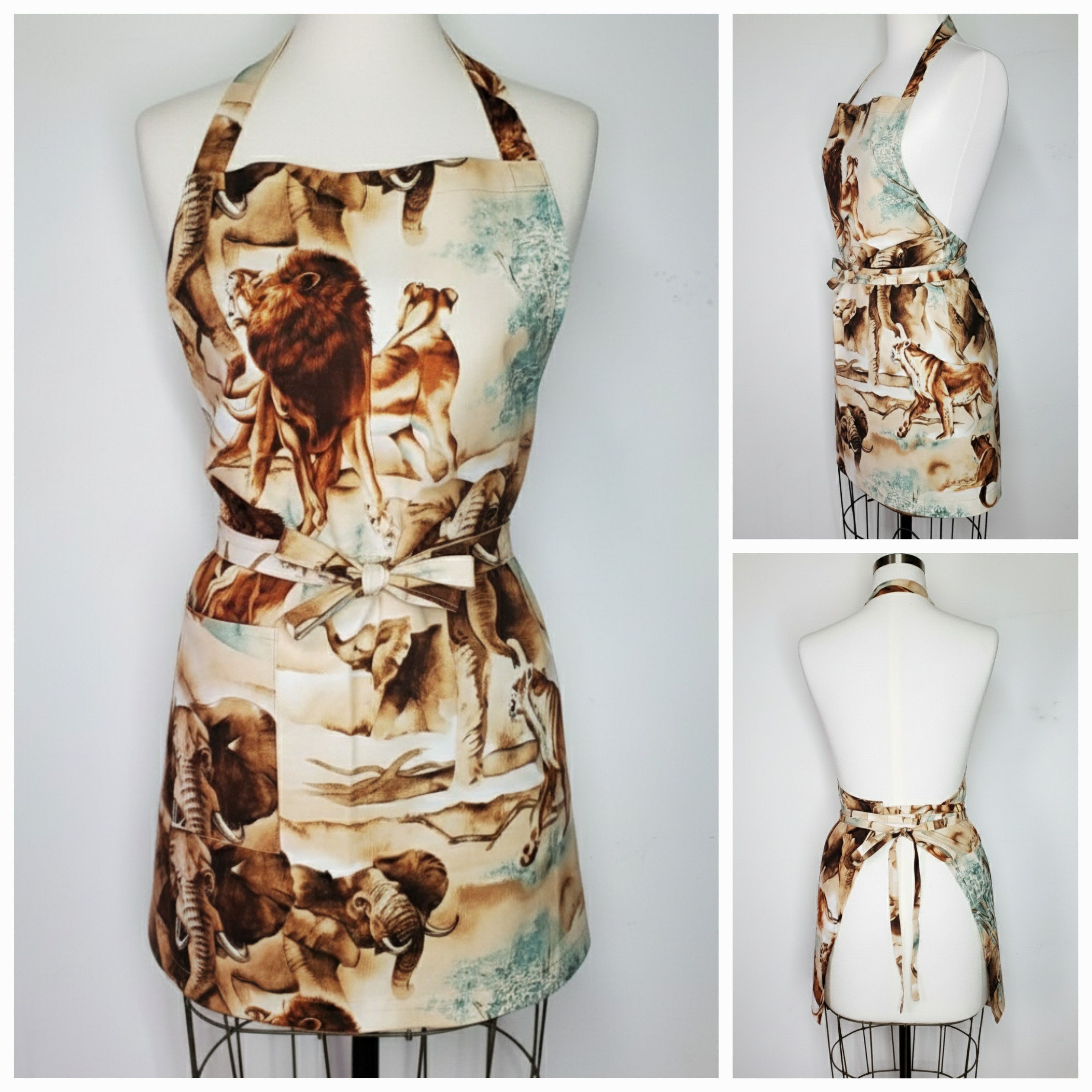 Handmade Apron Size S/M NEW Animal Print Elephant Lion Long Ties Hand Size ONE SIZE - 8 Thumbnail