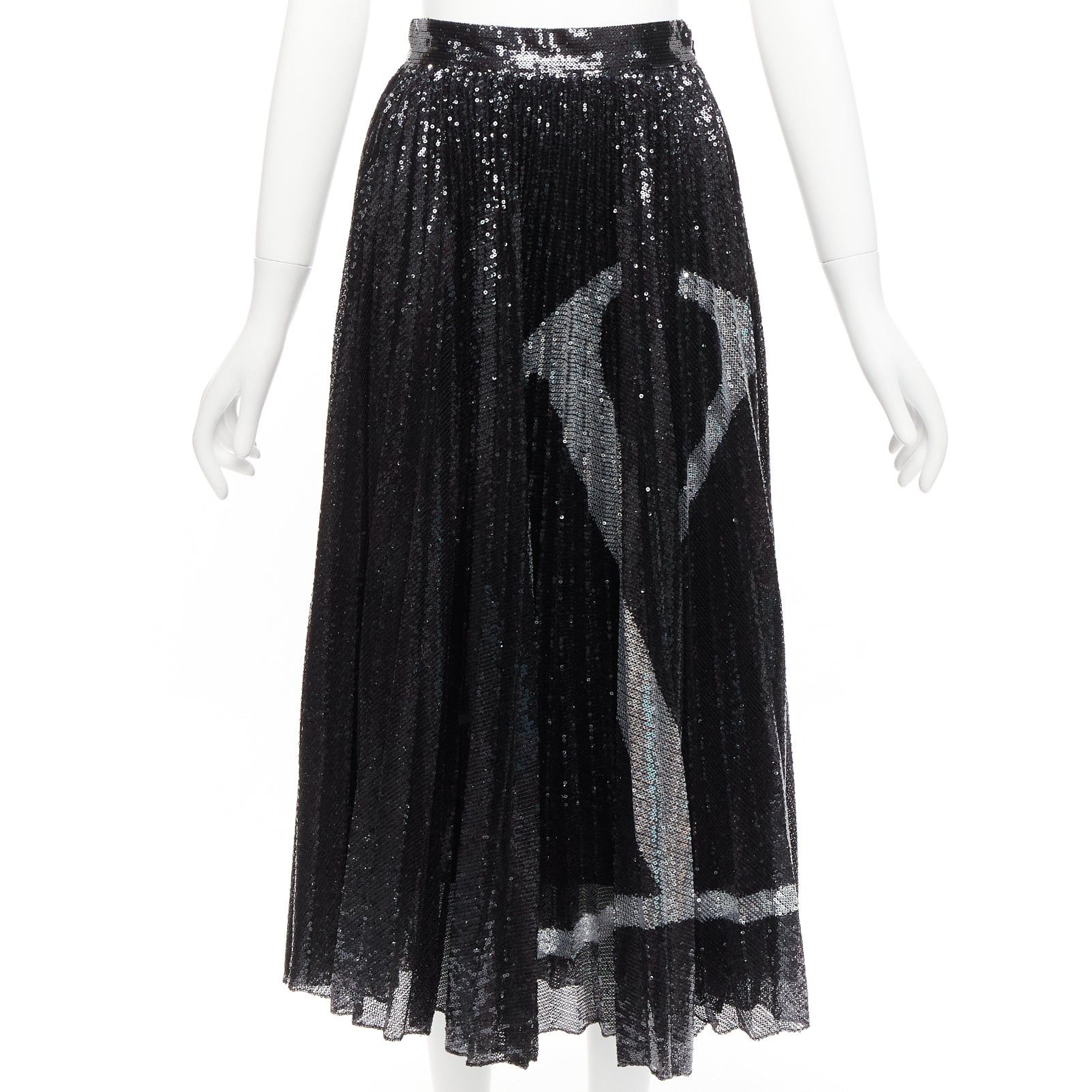Valentino VALENTINO VLOGO black silver sequins embellished pleated plisse midi skirt XS Size 27" / US 4 / IT 40 - 1 Thumbnail