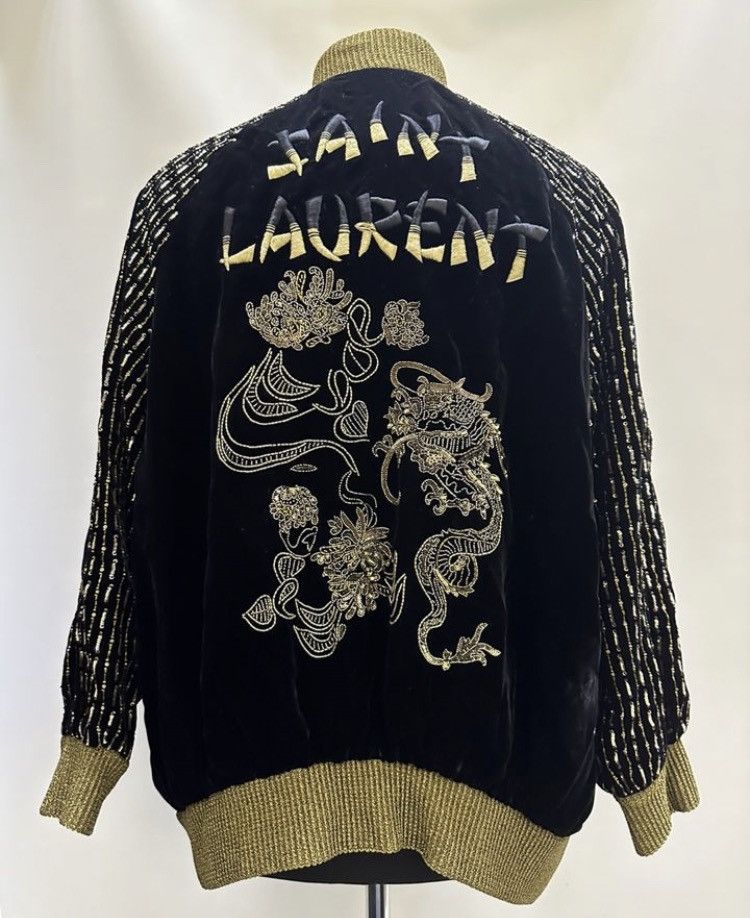 image of Saint Laurent Paris Saint Laurent Embellished Velvet Lurex Knit Jacket Bomber in Black (Size XS)