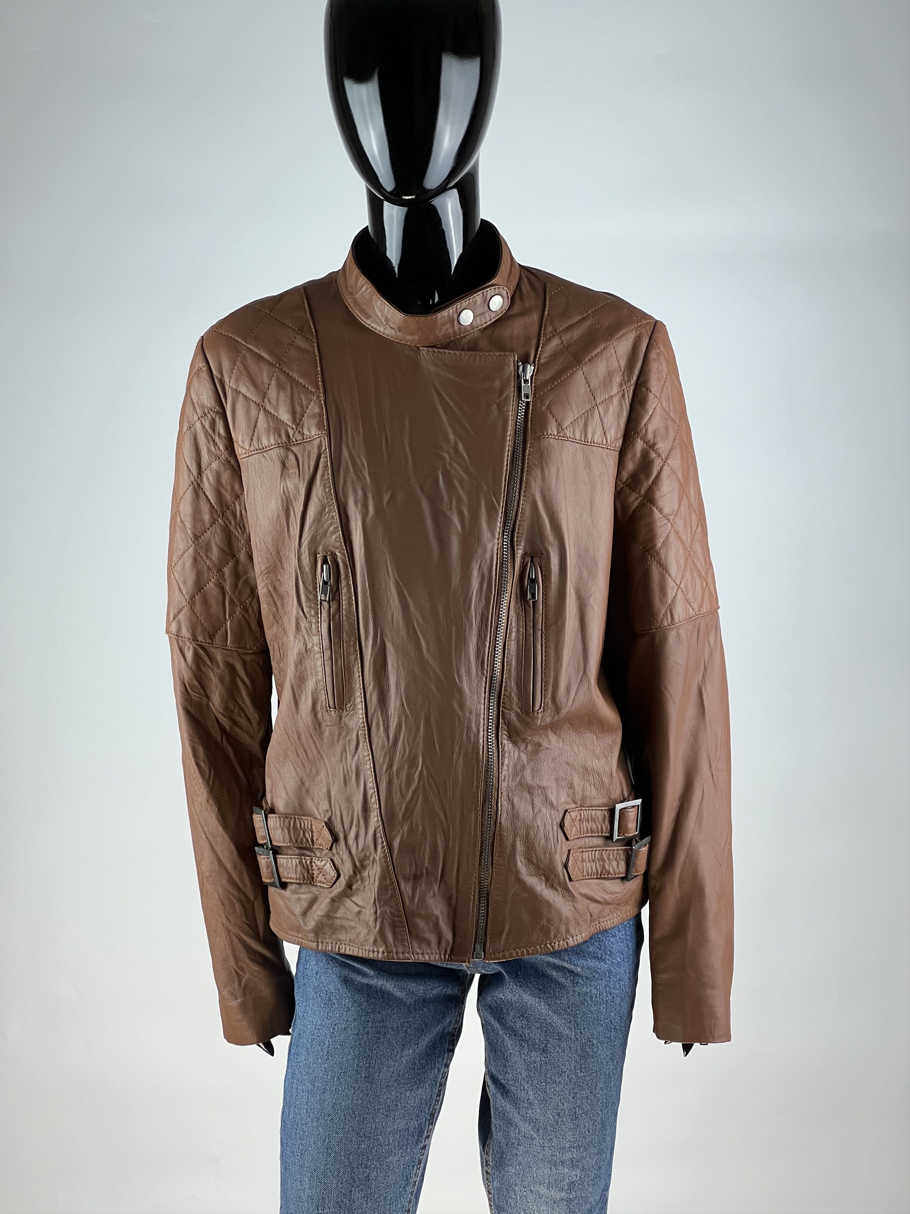Designer Ibana Women's Brown Leather Biker Jacket Size 46 Size L / US 10 / IT 46 - 1 Thumbnail