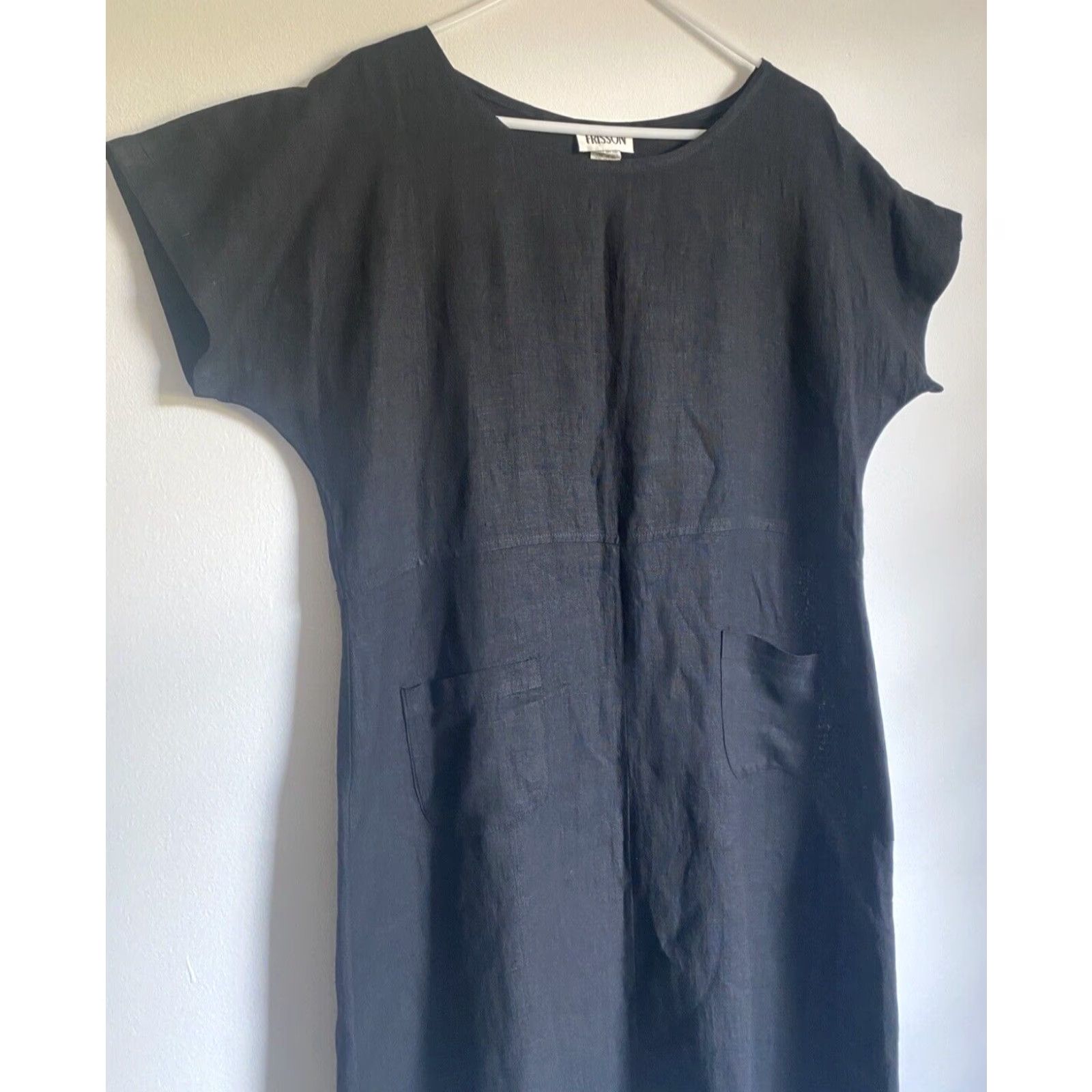 Vintage VINTAGE Frisson Women's Linen Midi Dress Short Sleeve Made in USA Sz L Black Pockets 90s Bohemian A-Line Casual Modern Classics Size 36" / US 14 / IT 50 - 5 Thumbnail