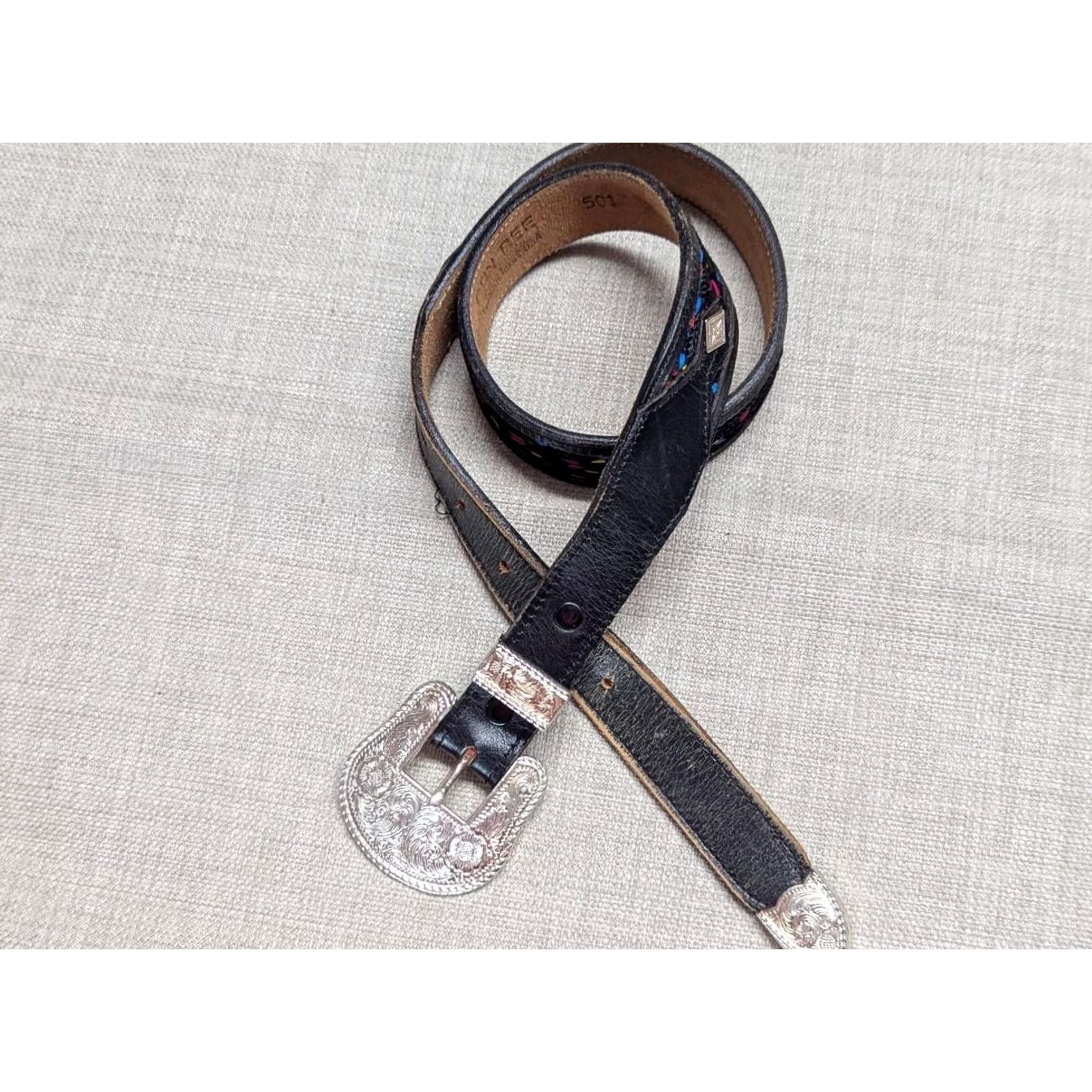 Vintage VINTAGE USA made WESTERN Belt 28 black leather EMBROIDERED cowhide RODEO buckle Size 28 - 4 Thumbnail