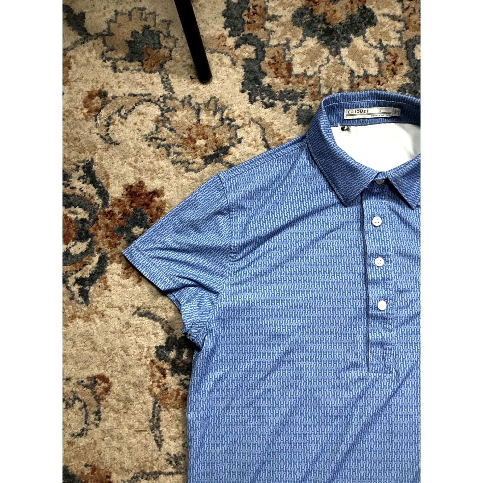 Vintage Criquet Polo Shirt Mens S Blue Geometric All Over Print Performance Golf Tee Shirt Size US S / EU 44-46 / 1 - 3 Thumbnail