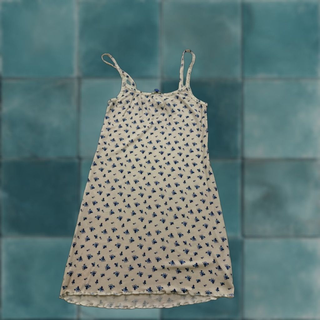 Vintage Out From Under Nightgown Womens Small White Blue Floral Ribbed Chemise Lace Trim Size ONE SIZE - 1 Thumbnail