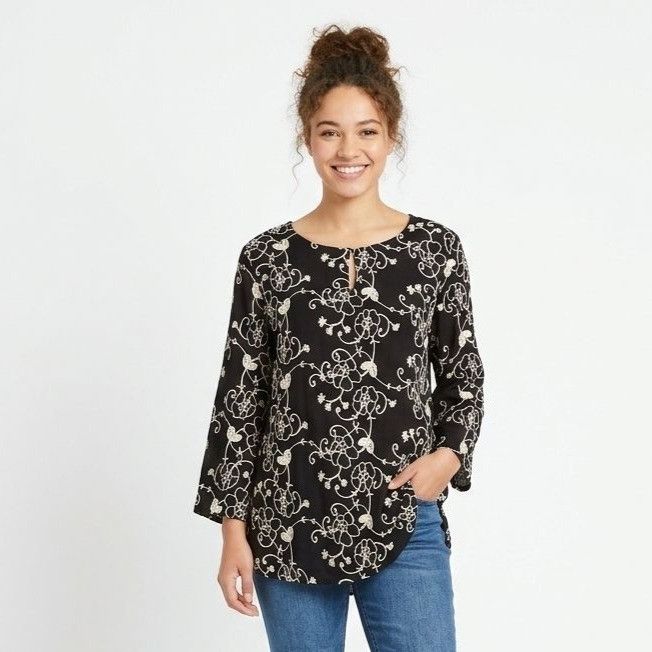 Other Lauren Michelle Black Embroidered Floral Tunic Top Size L Size L / US 10 / IT 46 - 1 Thumbnail