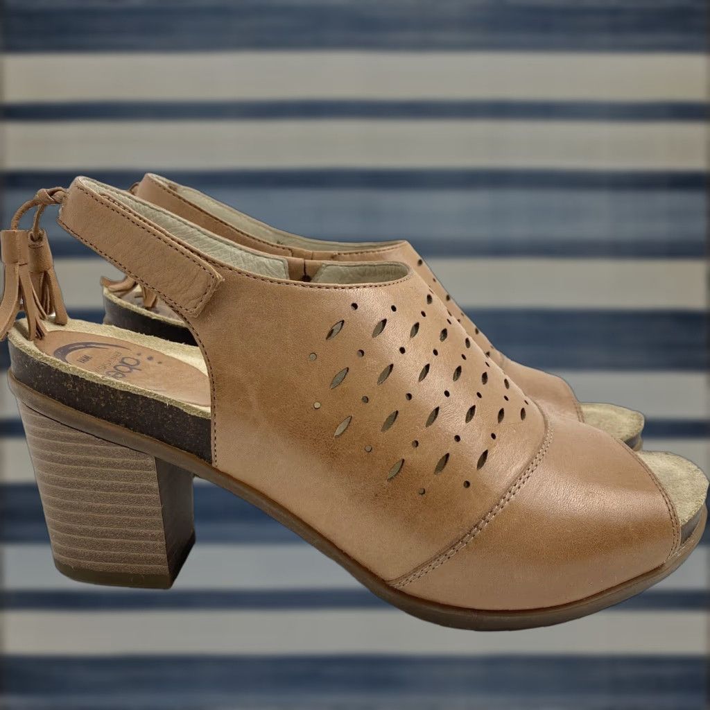 Vintage Abeo B.i.o. System Berrie WomenS Slingback Sandals Size 8 Brown Leather Tasseled Casual Block Heel Shoes Bohemian in Tan, Women's