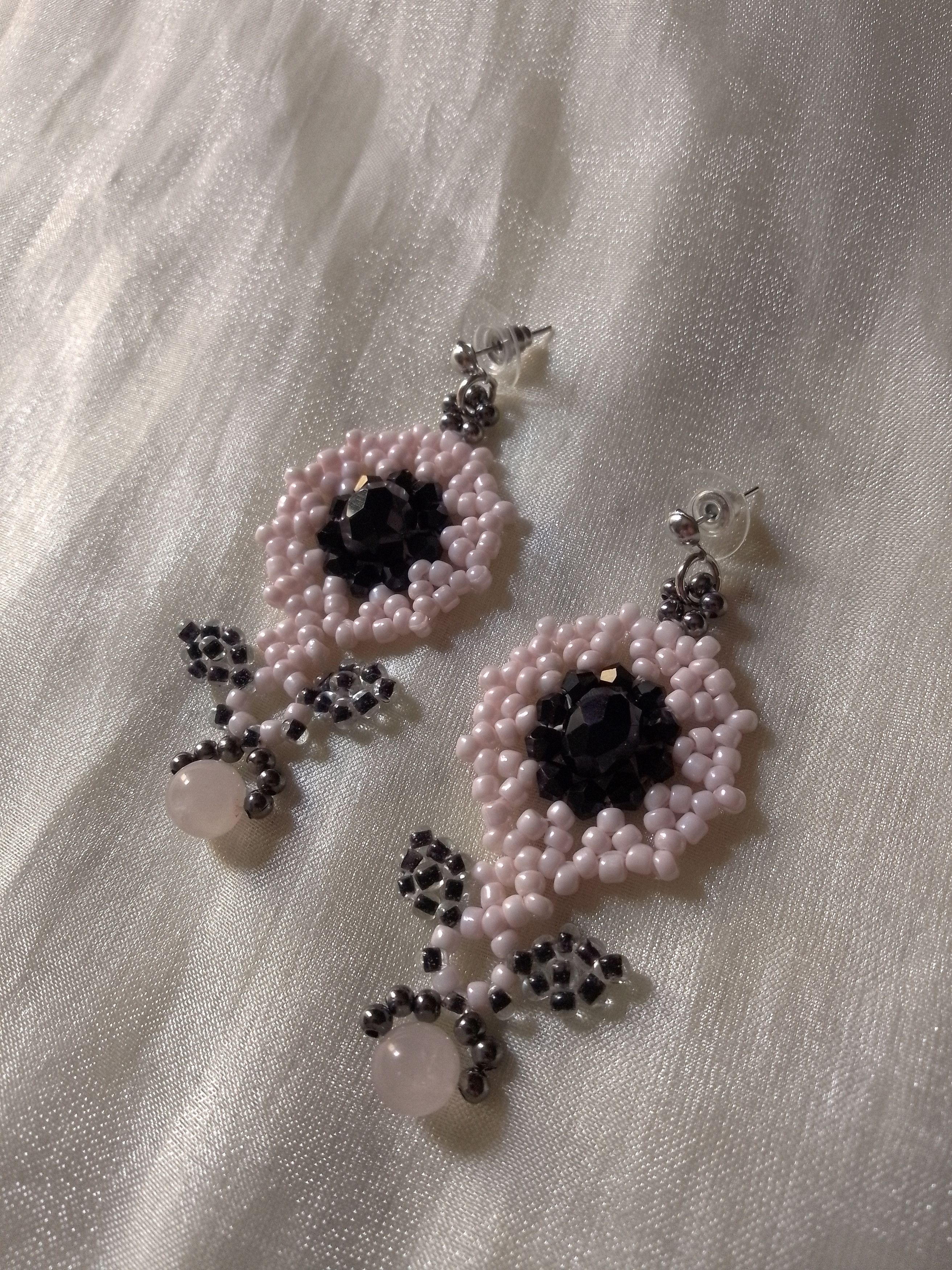 Handmade Dangling Earrings Rose quartz gemstones Pink Black Size ONE SIZE - 1 Thumbnail